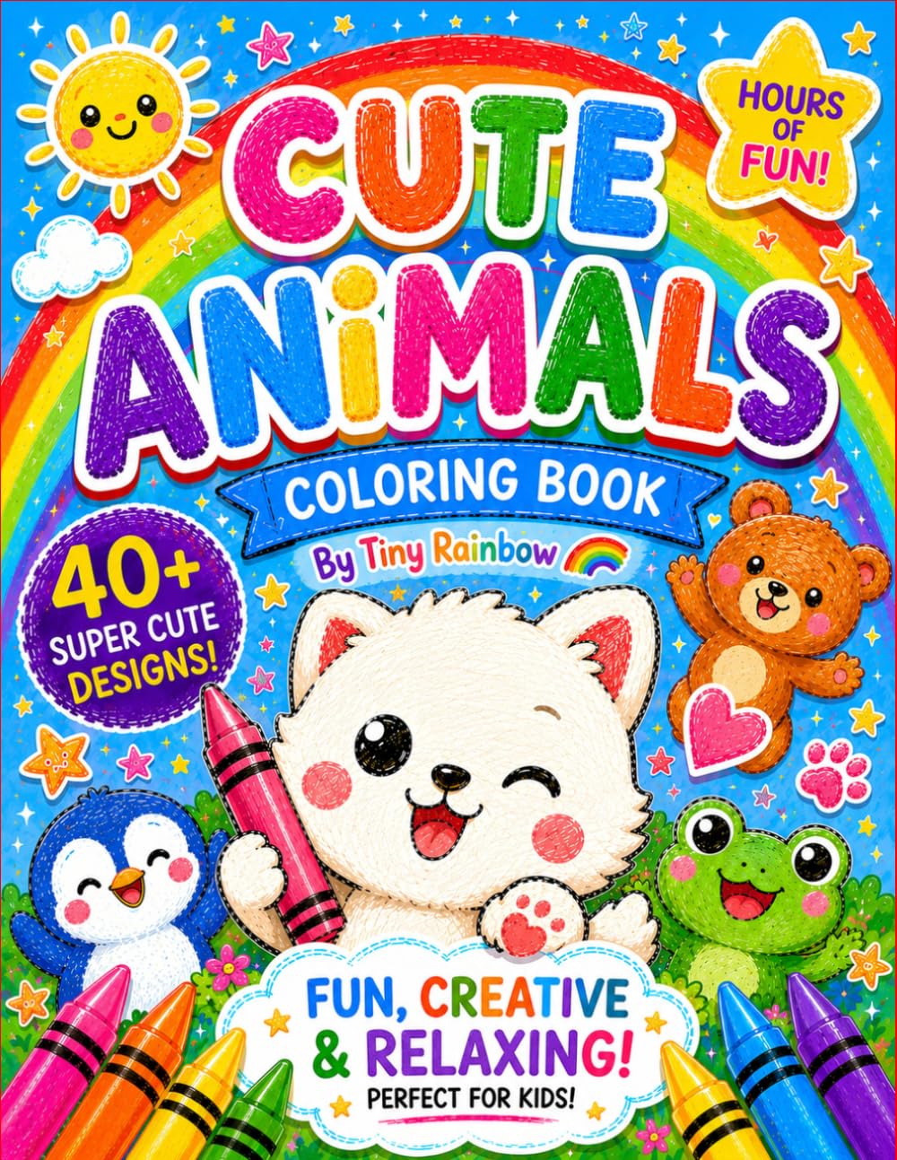 Cute Animals Coloring Book: 40+ Fun and Easy Animal Coloring Pages for Kids Ages 3-8