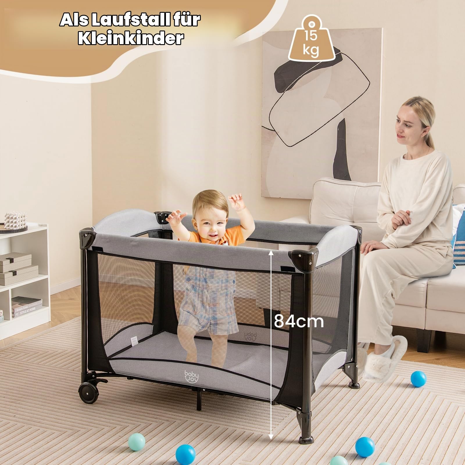 FANTASK 5 in 1 Faltbares Reisebett, Faltbares Babyreisebett mit Wickelauflage Verdickte Matratze, 2 Ebenen Kinderreisebett mit Tragetasche, 15kg belastbar (Schwarz)