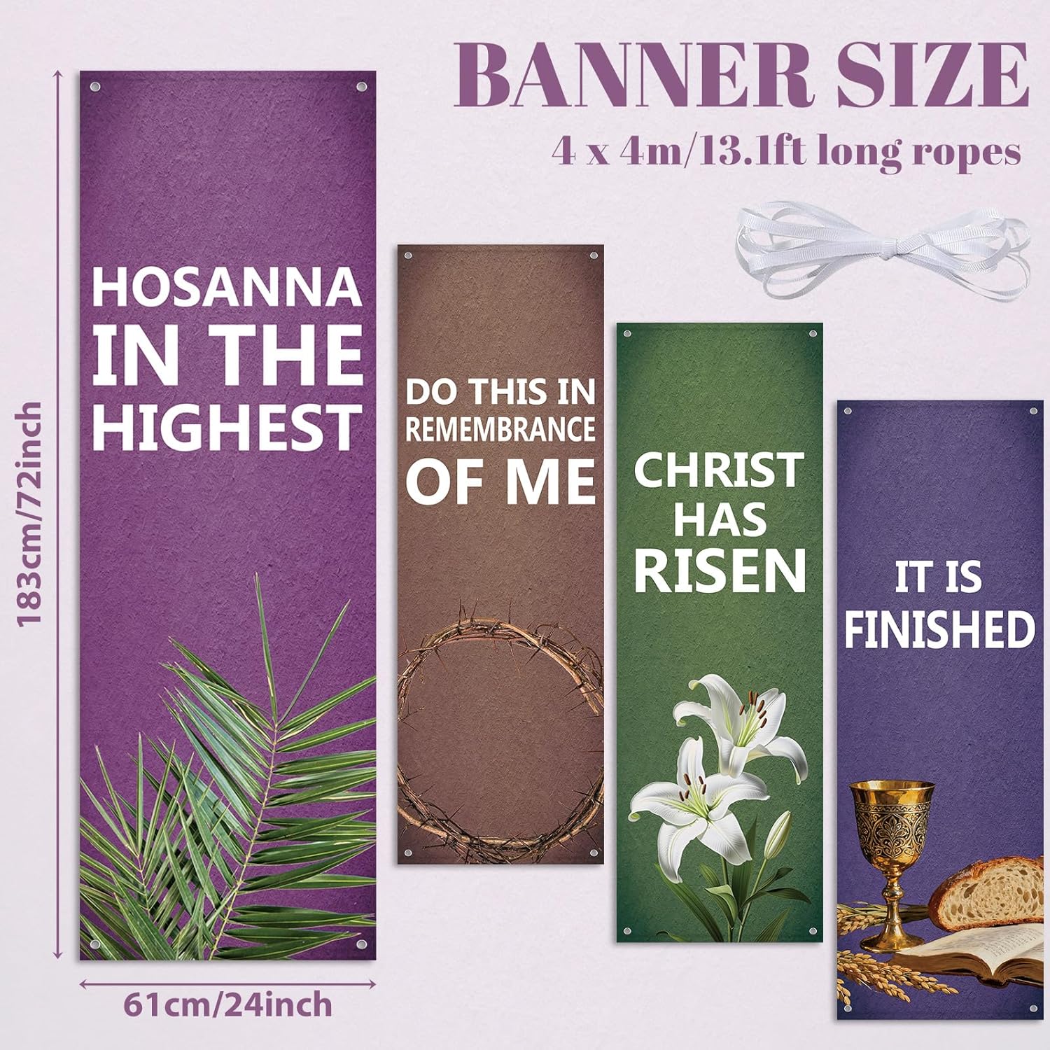 4Pcs Easter Church Banners for Sanctuary Wall Religious Banners Hanging Backdrop Praise Hanging Sign with Scripture Bible Verses Banner Easter Banner for Church School Decor(Simple Design)