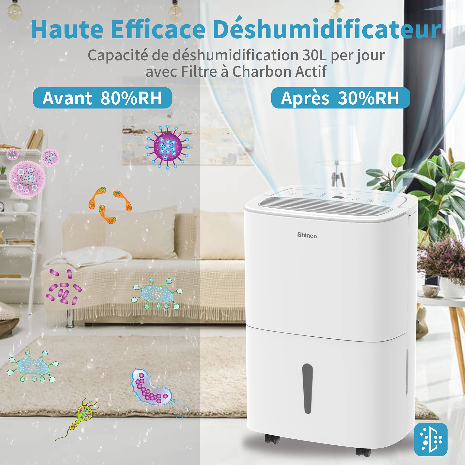 SHINCO WIFI/APP Portable Déshumidificateur Portable 30L/Jour, Purificateur d'air with Filter à Charbon Actif，Déshumidification automatique, Minuterie 24h, Drainage Continu, Fonction Sèche-Linge