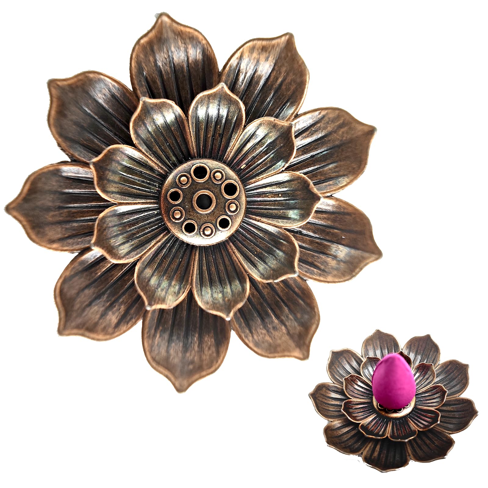 MASSIVEROCK Cone and Stick Incense Holder - Brass Ash Catcher with Waterfall Backflow - Meditation Yoga Decor for Home