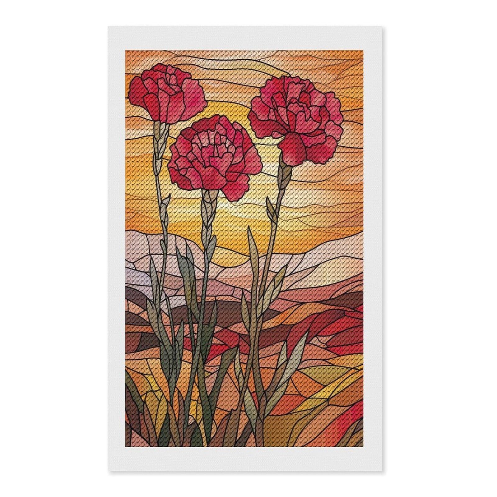Junmoney Stained Glass Carnations Full Drill Diamond Painting Kit 12"x20", Mindful Craft Activity, Bedroom Decor, for Adults, Gift Idea