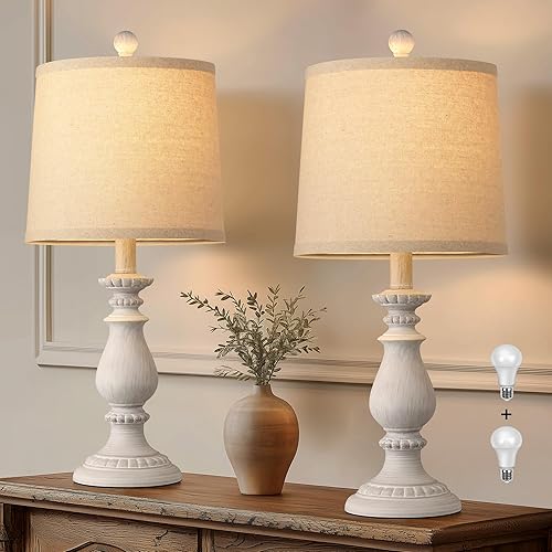 QiMH Farmhouse Table Lamp Set of 2, Rustic Table Lamps for Living Room, Vintage Nightstand Lamp with Rotary Switch, Beside Lamps for Bedroom, Traditional Table Lamps with Linen Shade, Antique White