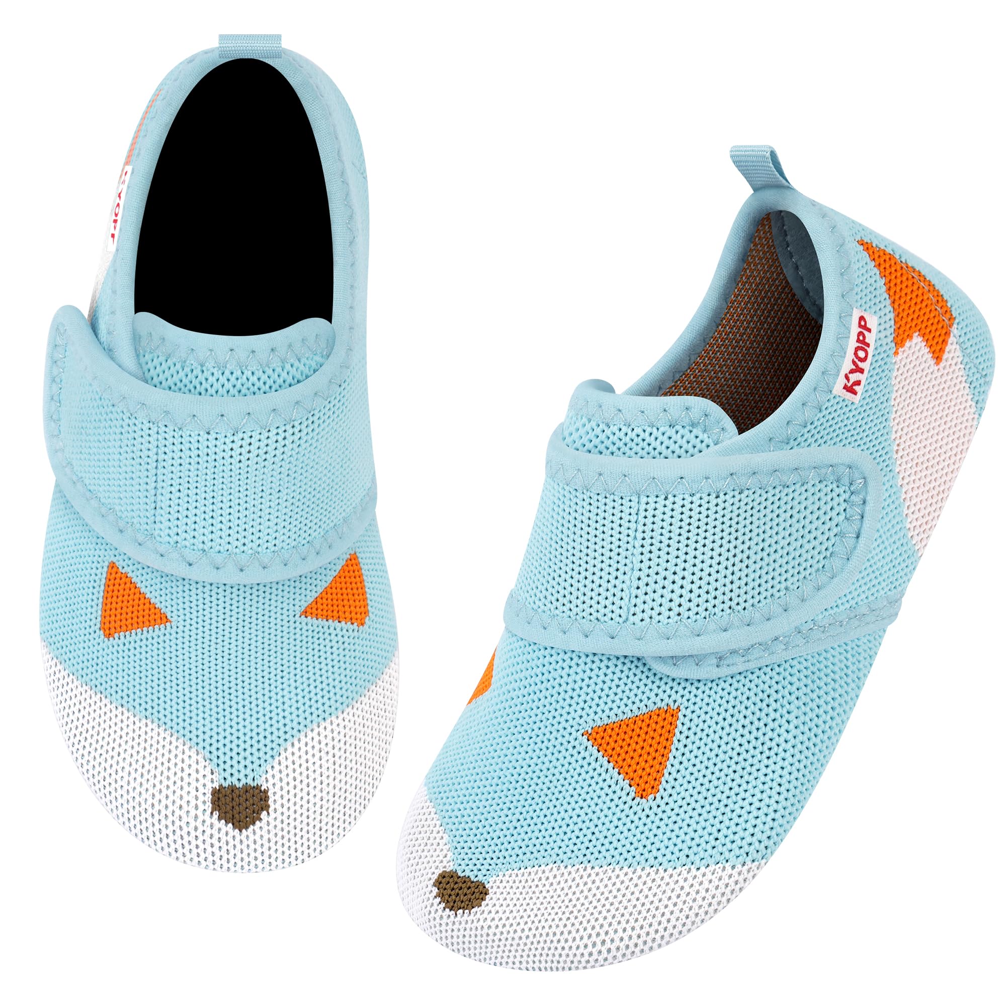 Kyopp Hausschuhe Kinder Barfussschuhe Klettverschluss für Jungen Mädchen Atmungsaktive Breite Pantoffeln Rutschfest Kindergarten Slippers(WeißBlau Fuchss, 28/29EU)
