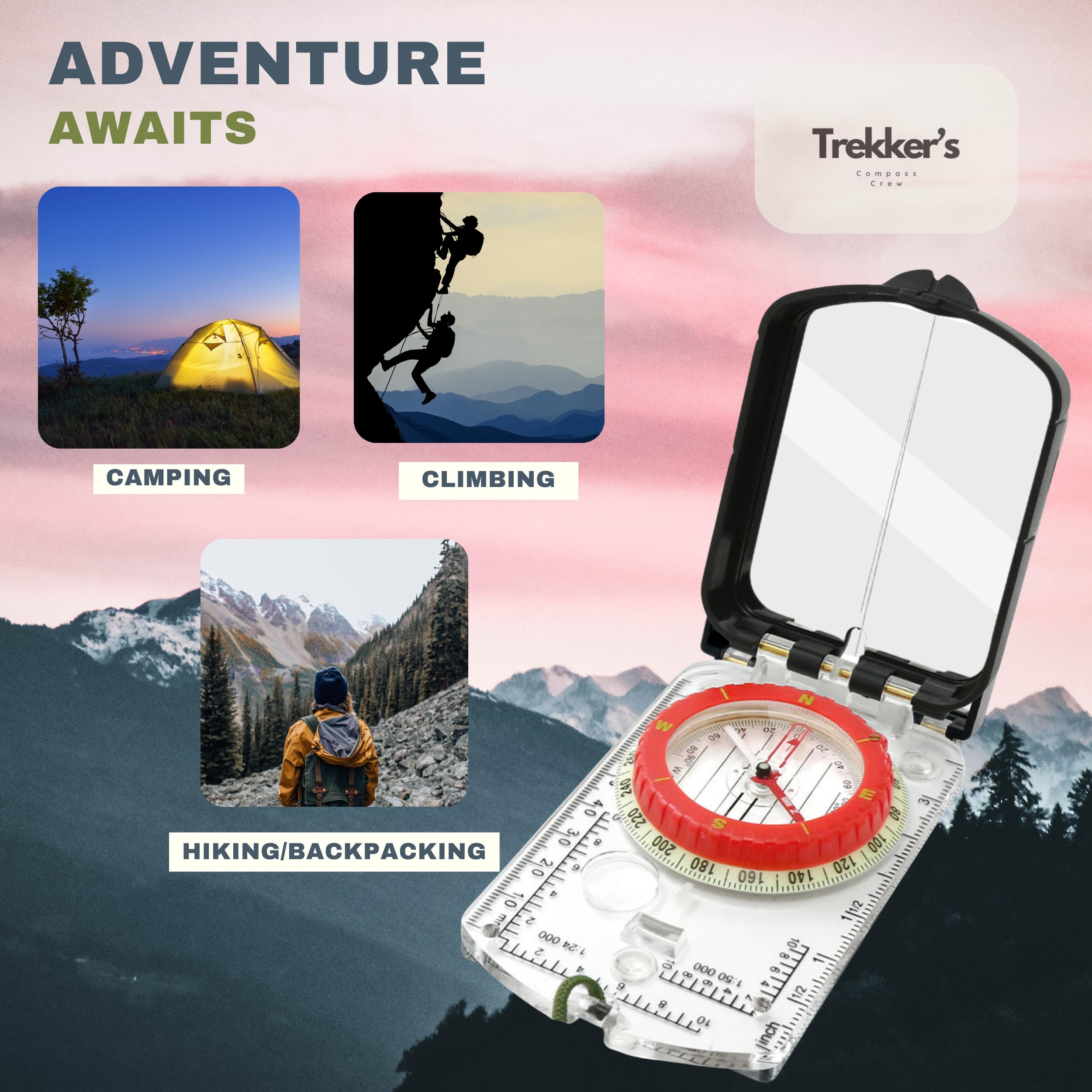 Trekker's Compass Crew Boussole Lensatic militaire professionnelle avec miroir, cadran de haute précision, loupe intégrée, affichage lumineux pour randonnée, camping, course d'orientation