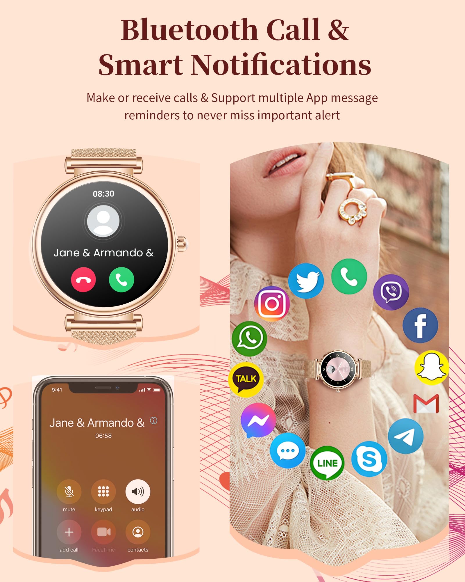 Reloj Inteligente para Mujer, Pantalla Táctil HD de 1,3 Pulgadas IP68 Resistente al Agua, Deportivo Smartwatch con Monitor de Ritmo Cardíaco, Podómetro, Oxímetro para Android iOS, Regalo