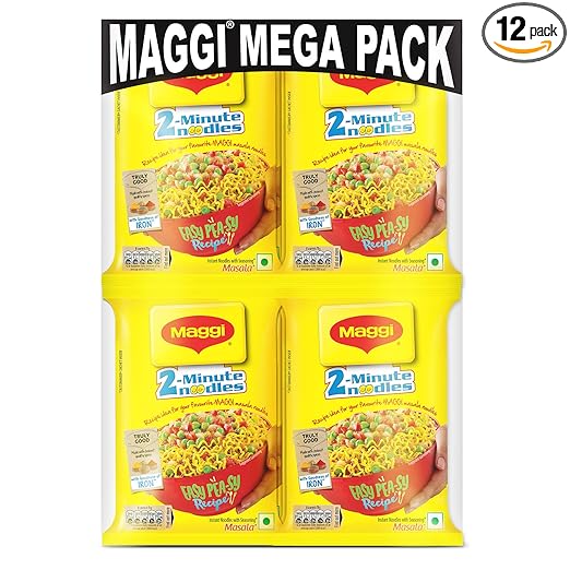MAGGI 2-minute Instant Noodles, 840g (12 pouches x 70g each), Masala Noodles with Goodness of Iron, Made with Choicest Quality Spices, Favourite Masala Taste