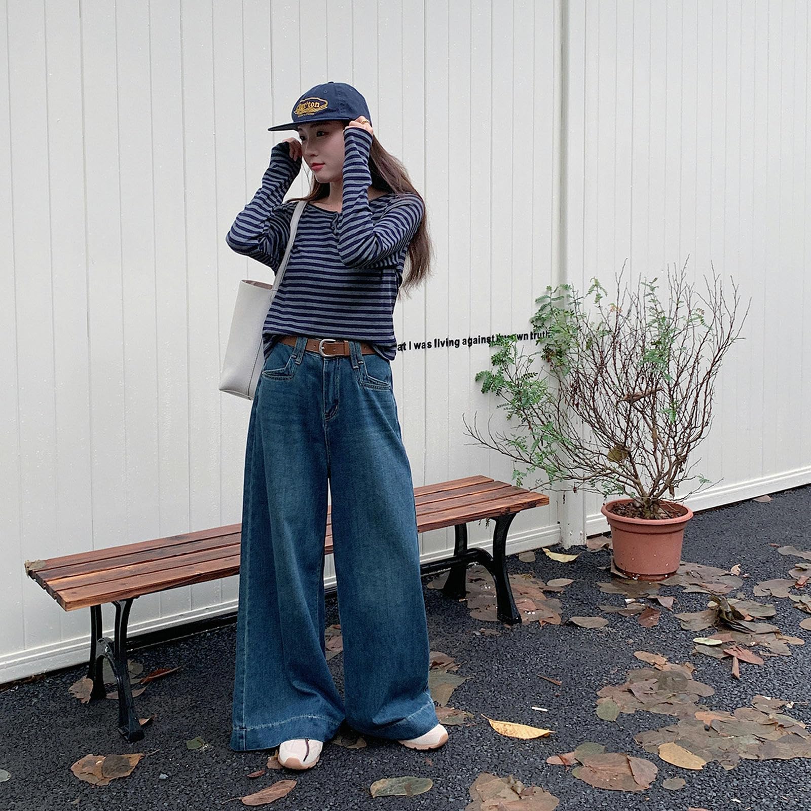 Pantalones Vaqueros de Tiro Alto y Pierna Ancha para Mujer, Holgados y Rectos - Azul ámbar - M