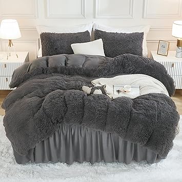 Andency Faux Fur Dark Grey Comforter Full Size, 3 Pieces Fluffy Fuzzy Plush Gray Bedding Comforter Set (1 Shaggy Velvet Comforter & 2 Pillowcases), Soft Puffy Comfy Bedding Set