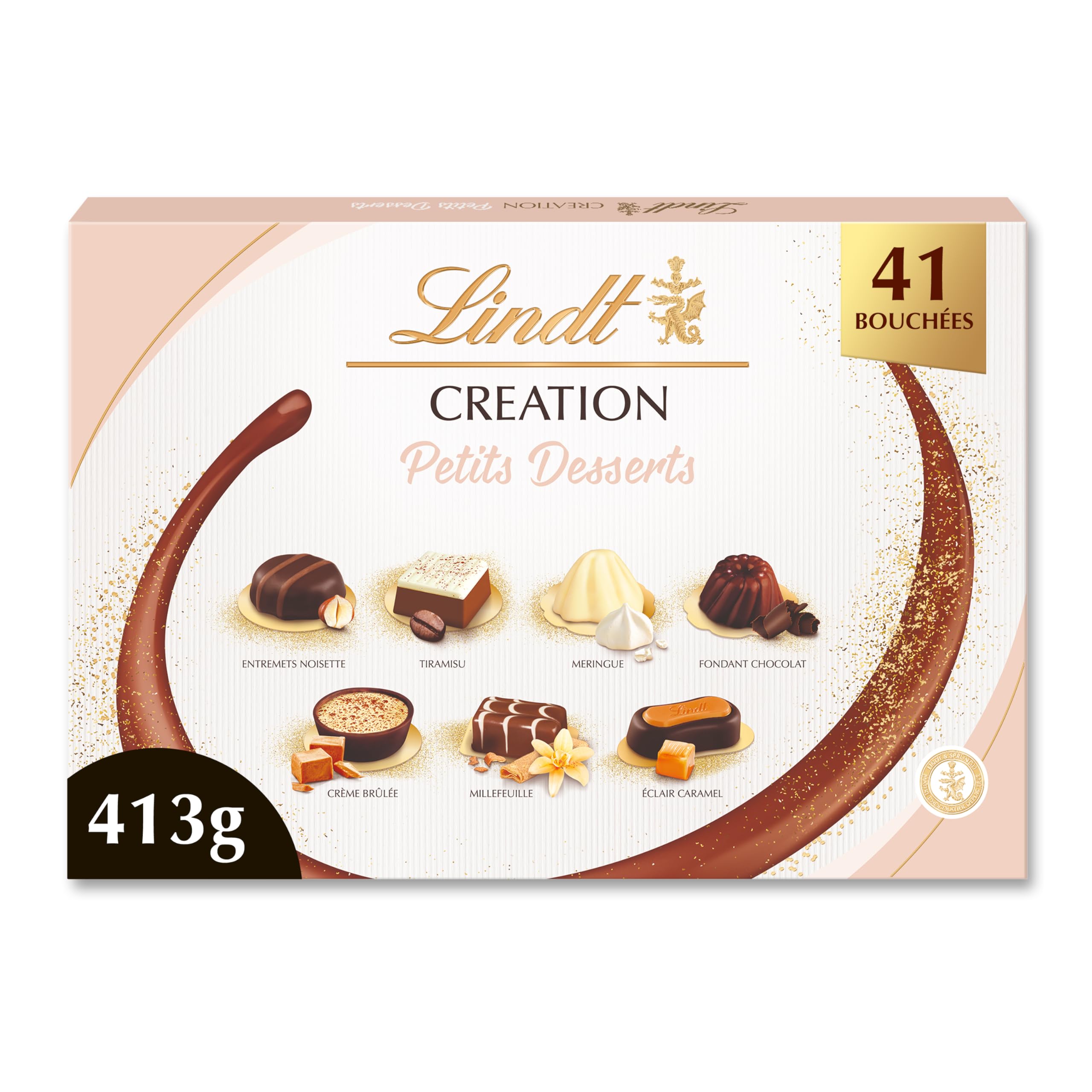 Lindt - Boîte CRÉATION Petits Desserts - Assortiment de Chocolats au Lait, Noirs et Blancs - Inspiration pâtissière - Idéal pour Noël, 413g