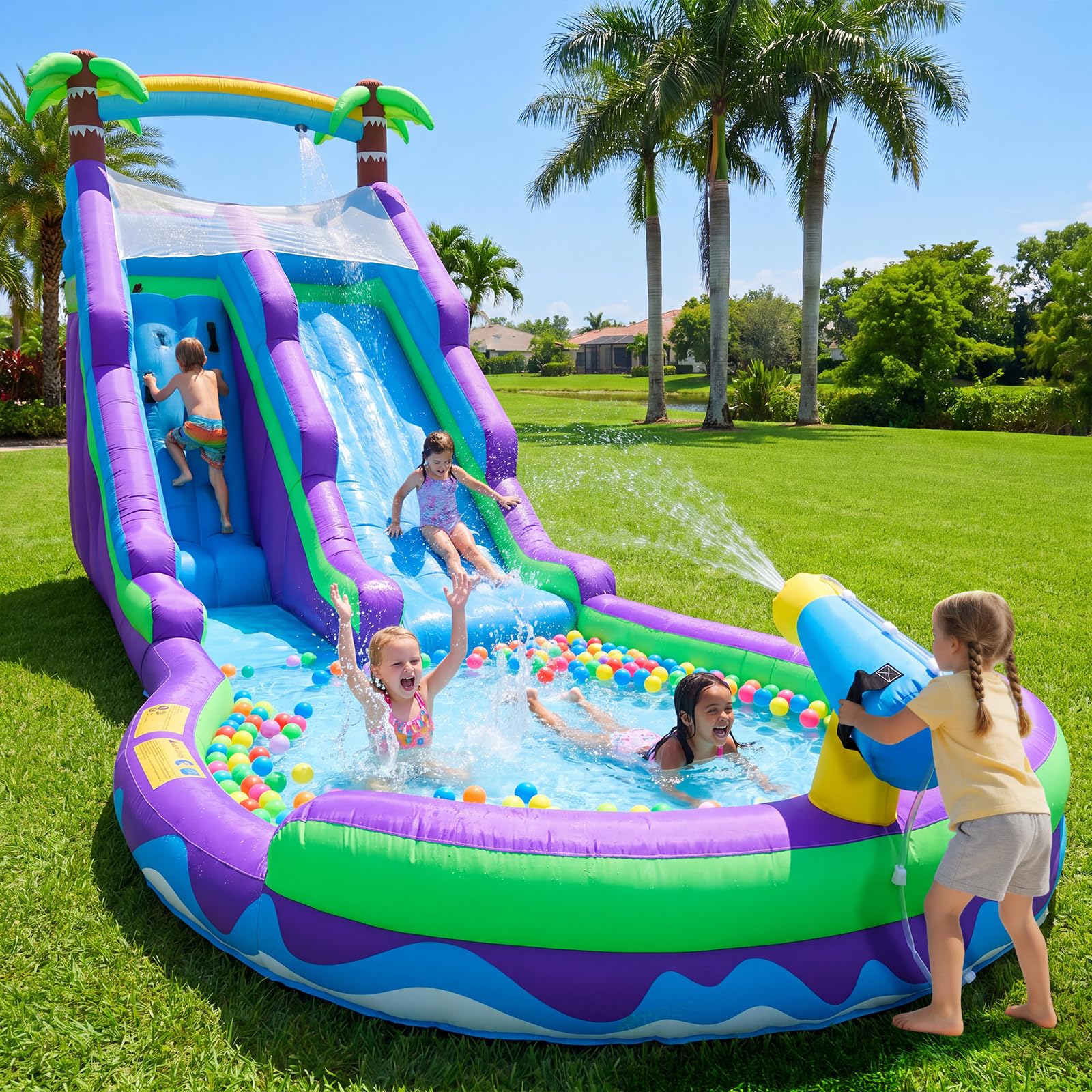 Photo 1 of Inflatable Water Slide for Kids Large Bounce House Commercial Water Slide with 650W Blower Wet Dry Combo Durable Giant Waterslides Splash Water Pool for Outdoor Backyard Parties Beach (Purple)