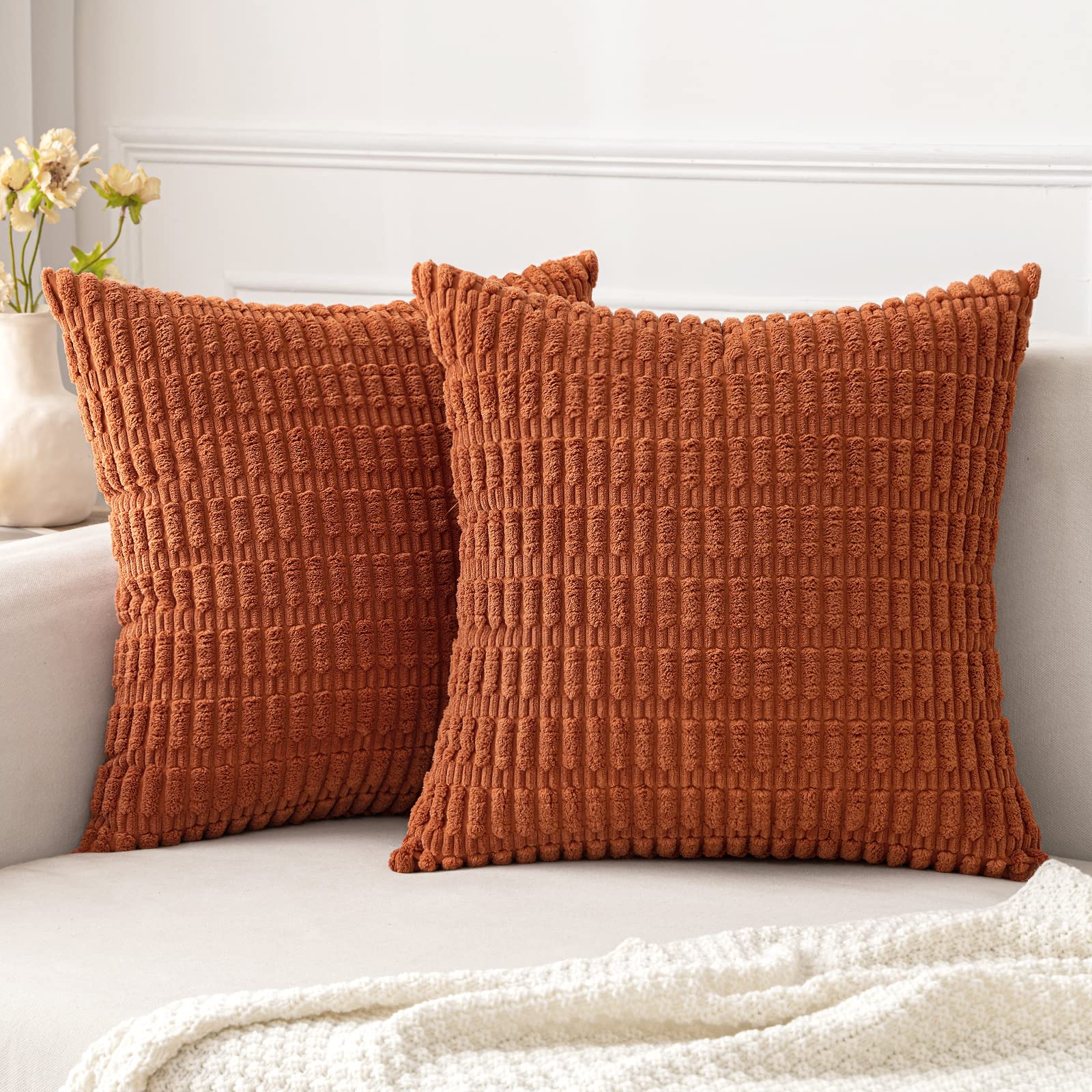 MIULEE Pack of 2 Corduroy Decorative Throw Pillow Covers 16x16 Inch Soft Boho Striped Pillow Covers Modern Farmhouse Home Decor for Sofa Living Room Couch Bed Rust