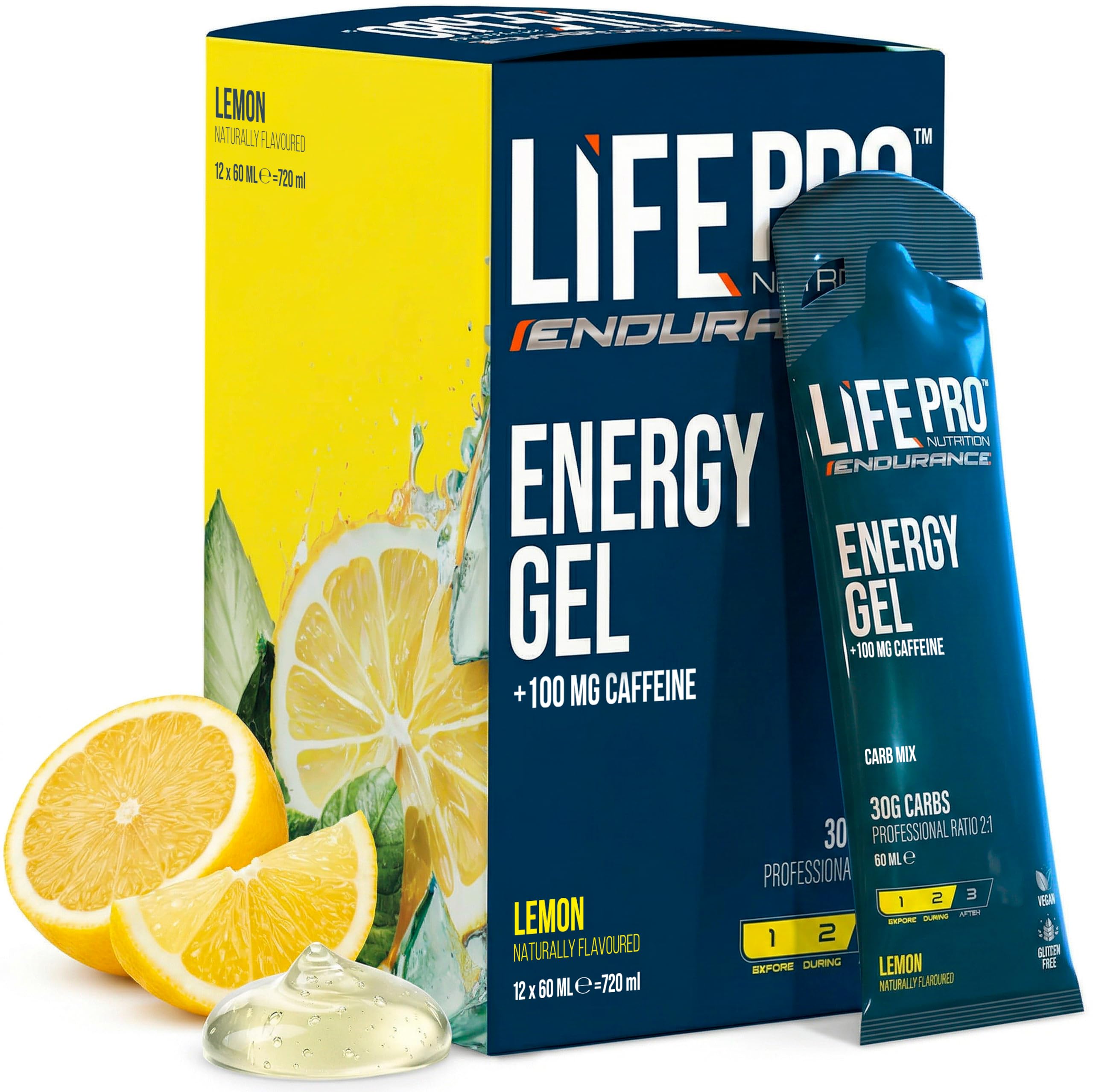 Life Pro Endurance Energy Gel con Cafeína 12X60Ml - Potente Fuente de Carbohidratos, Electrolitos y Cafeína para Rendimiento en Deportes de Resistencia, Ideal para Ciclistas y Corredores - Limón