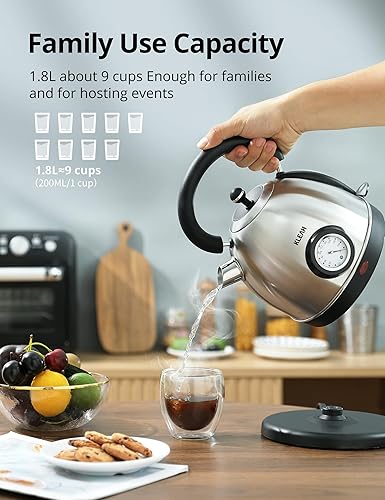 Miniatura 5 de Hervidor de agua eléctrico retro de acero inoxidable de 1.8 L para agua hirviendo con medidor de temperatura, línea de nivel de agua visible, luz