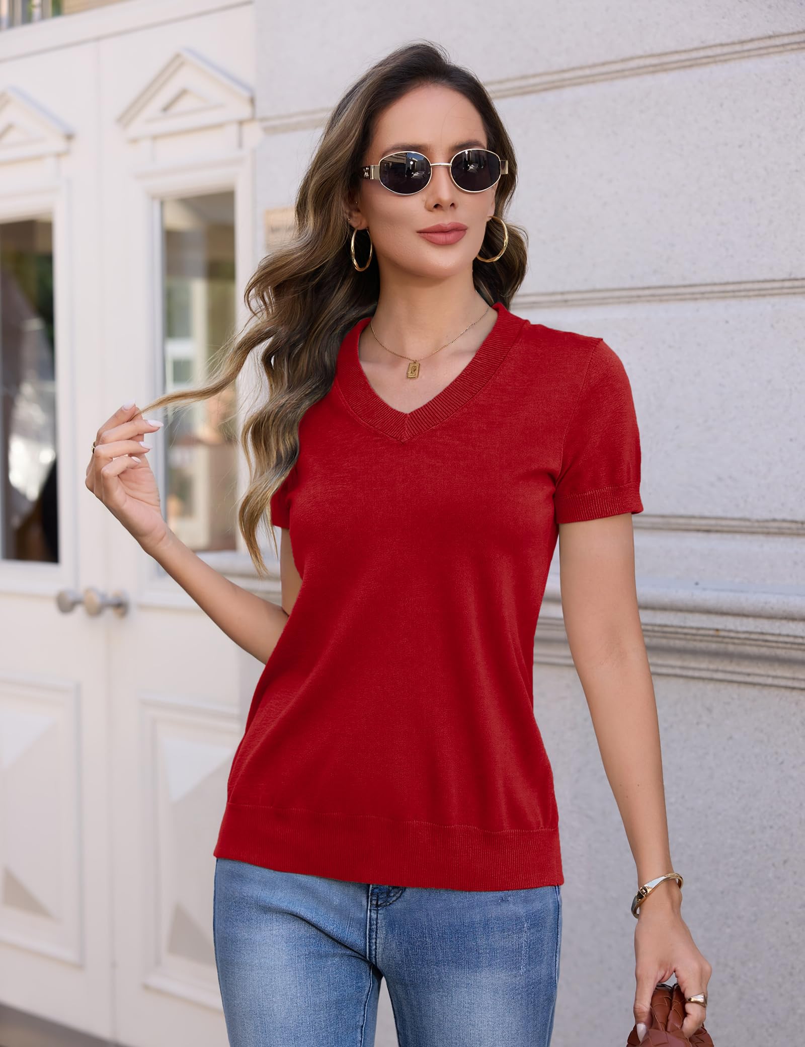 Totatuit Camiseta de Punto Mujer Manga Corta Cuello en V Suéter Ligero Primavera Casual Elegante Básico