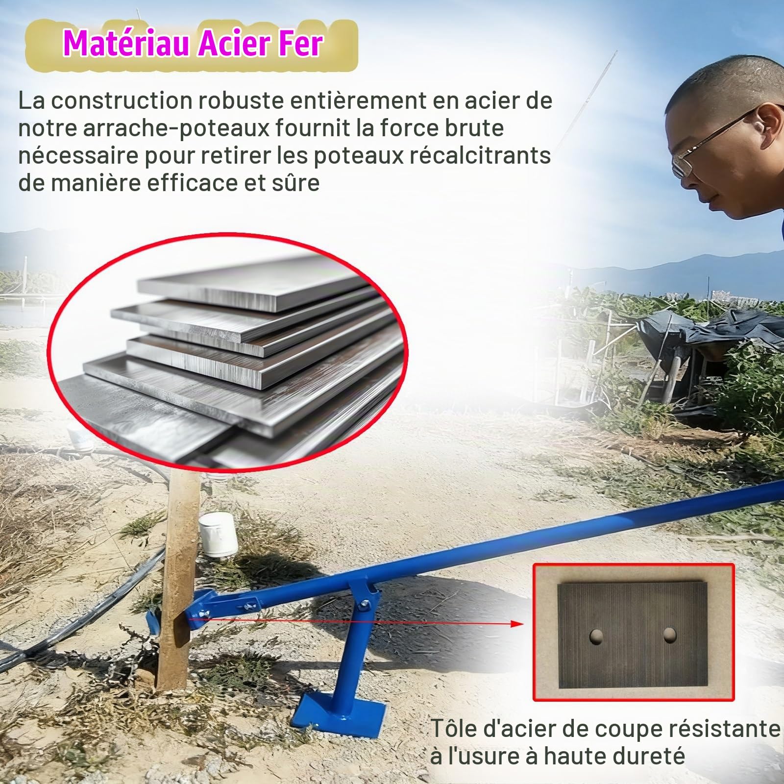 Outil d'extraction de racines d'arbres, Arracheur de poteaux en bambou 100 cm, griffe C réglable 5-11, bleu