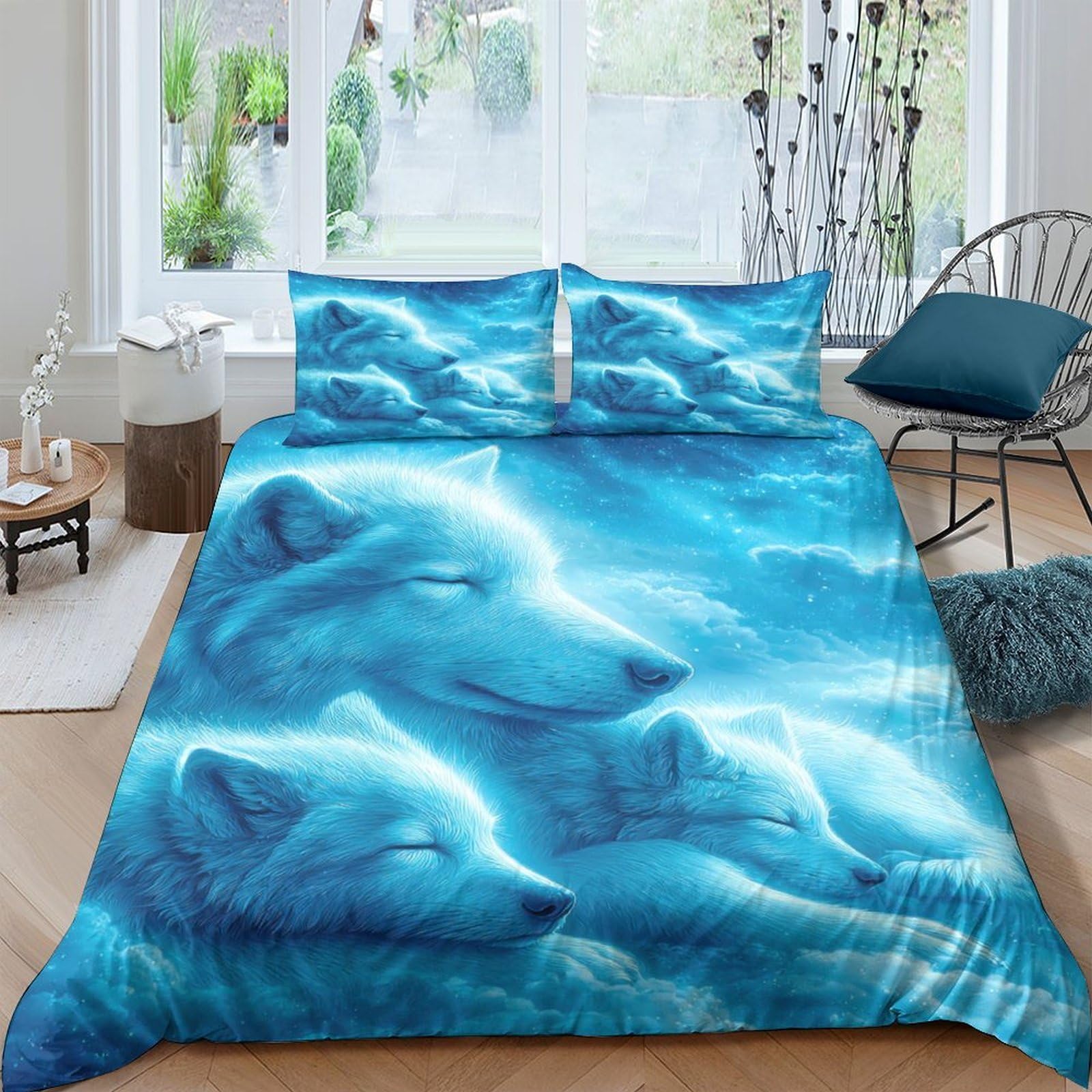 Ctjqhvkz Style-3 3D Printed Blue Wolf Dream Fitted Sheet Microfiber Soft Mattress Cover Bedroom Decor Dorm Protector Single（135X200cm）