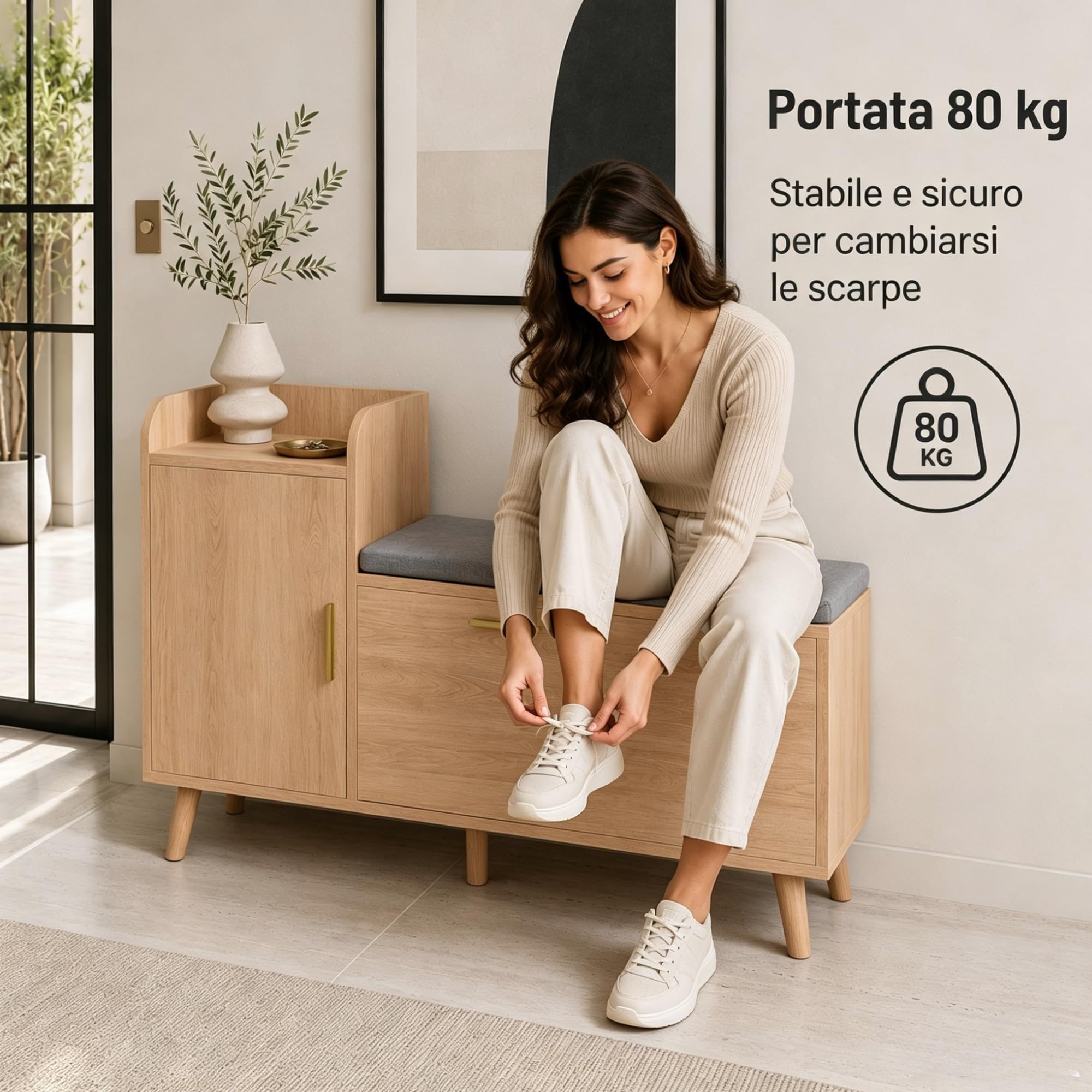 Panca Scarpiera con Contenitore, Scarpiera con seduta e 2 ante, Mobile Scarpieras Salvaspazio in Legno e Tessuto Effetto Lino per ingresso, corridoio, soggiorno, 100x30x69,5cm