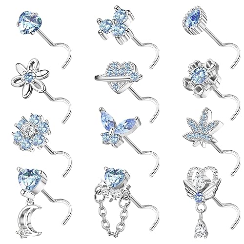 Sanfenly 12 PCS 20G Nose Rings Surgical Stainless Steel, L Shaped Nose Studs for Women Men, CZ Heart Butterfly Flower Leaf Moon Dangle Cute Nose Piercings Studs Screw Jewelry Pink/Purple/Blue/Clear - Screw Blue