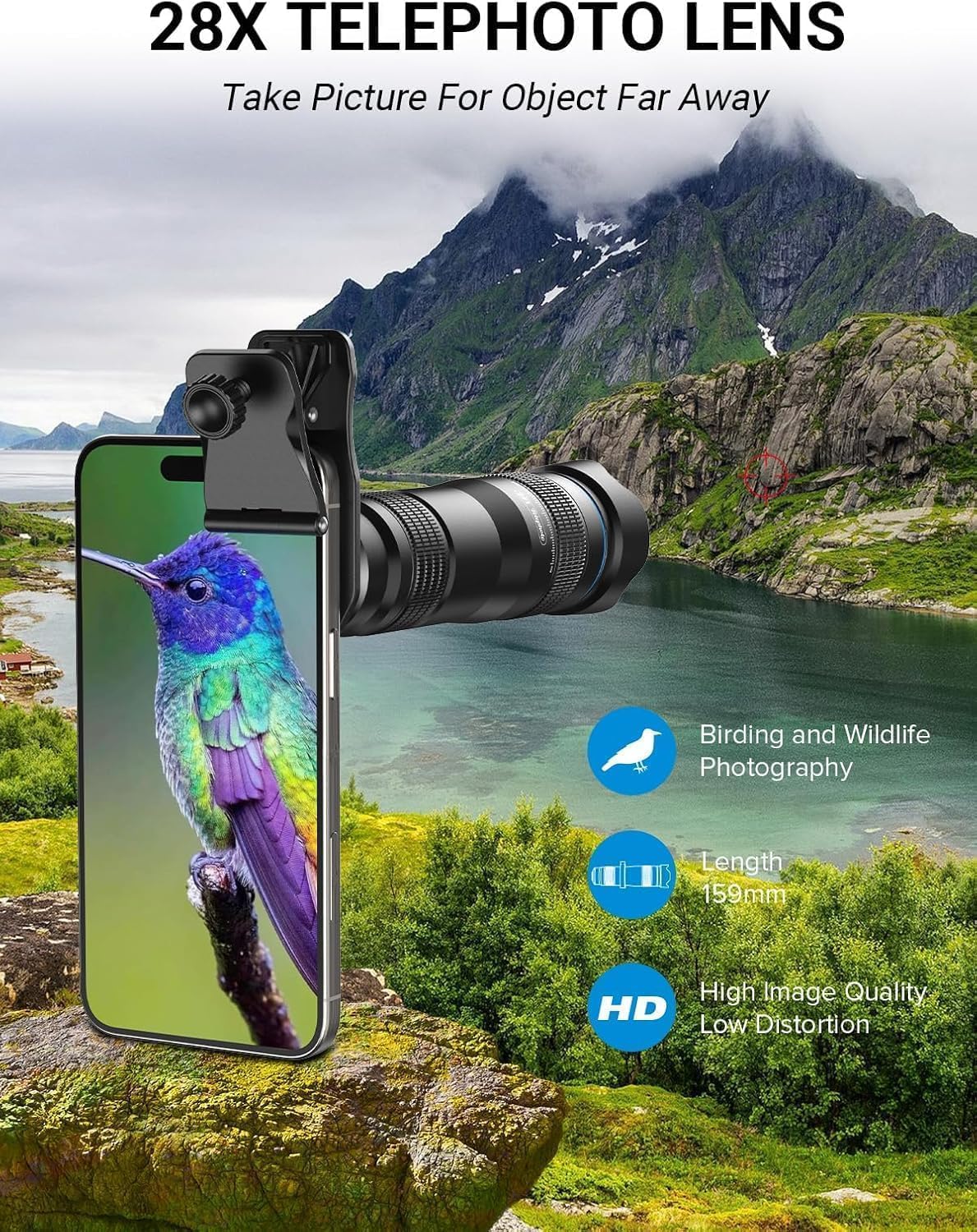 MIAO LAB 28X HD Telephoto Lens for iPhone/Samsung/Android | High Power Telephoto Camera Lens, Universal Smartphone Compatibility