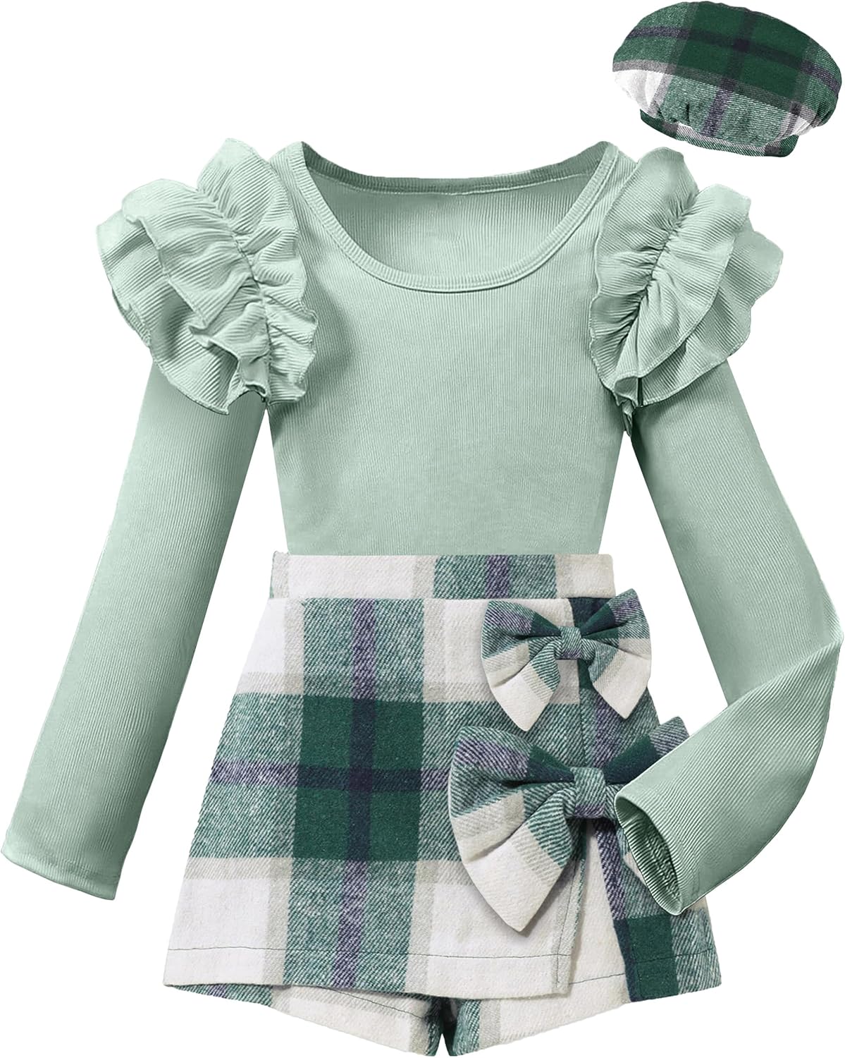 Girls Clothes Ruffle Sleeve T-shirt Top and Bowtie Plaid Skort Set with Hat 3PCS Girls Fall Outfits