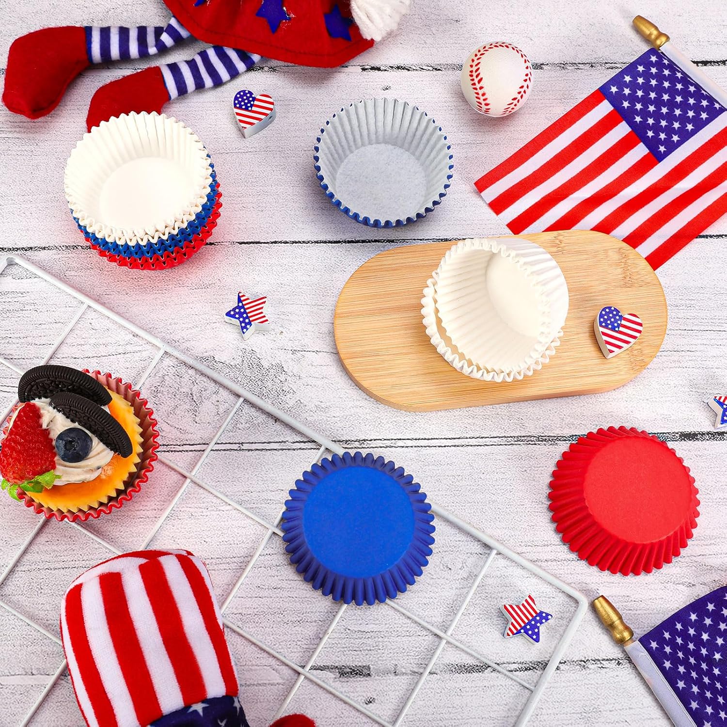 Whaline 300Pcs Baseball Cupcake Liners Paper Baking Cups Blue Red White Patriotic Standard Muffin Cupcake Wrappers for July 4th Independence Day Birthday Party Supplies Table Decor
