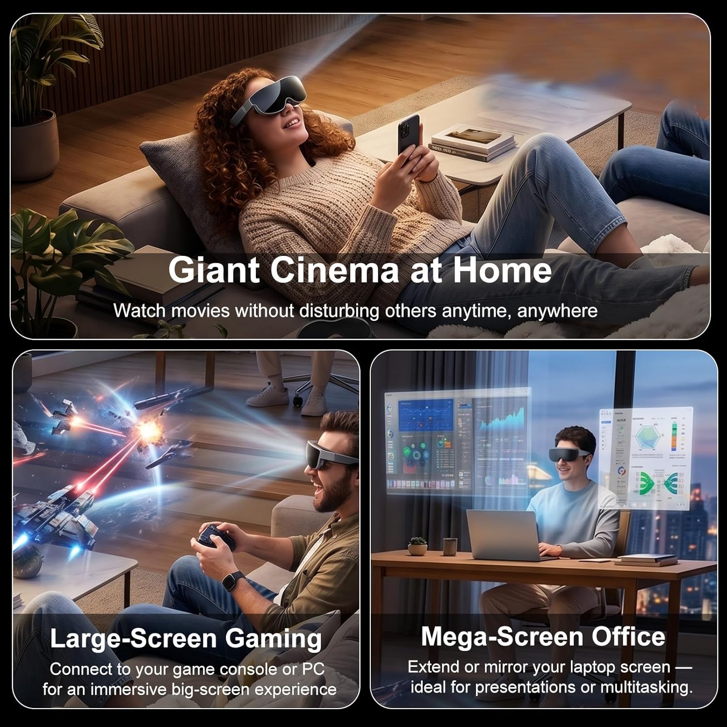 Smart Video Glasses, 1.8 Inch 1920x1080 HD Screen with Adjustable Diopter +2D to 6D, 70 FOV, Type C DP USB for Multimedia Entertainment