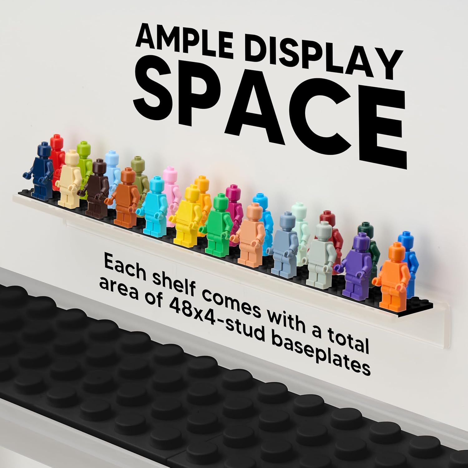 Tapeera 3-Pack Minifigure Display Case Holds Up To 72 Figures - Acrylic Floating Shelf Display With Brick Building Baseplates - Figure Display Cabinet Wall Mount - Minifig Organizer (Black Baseplates)