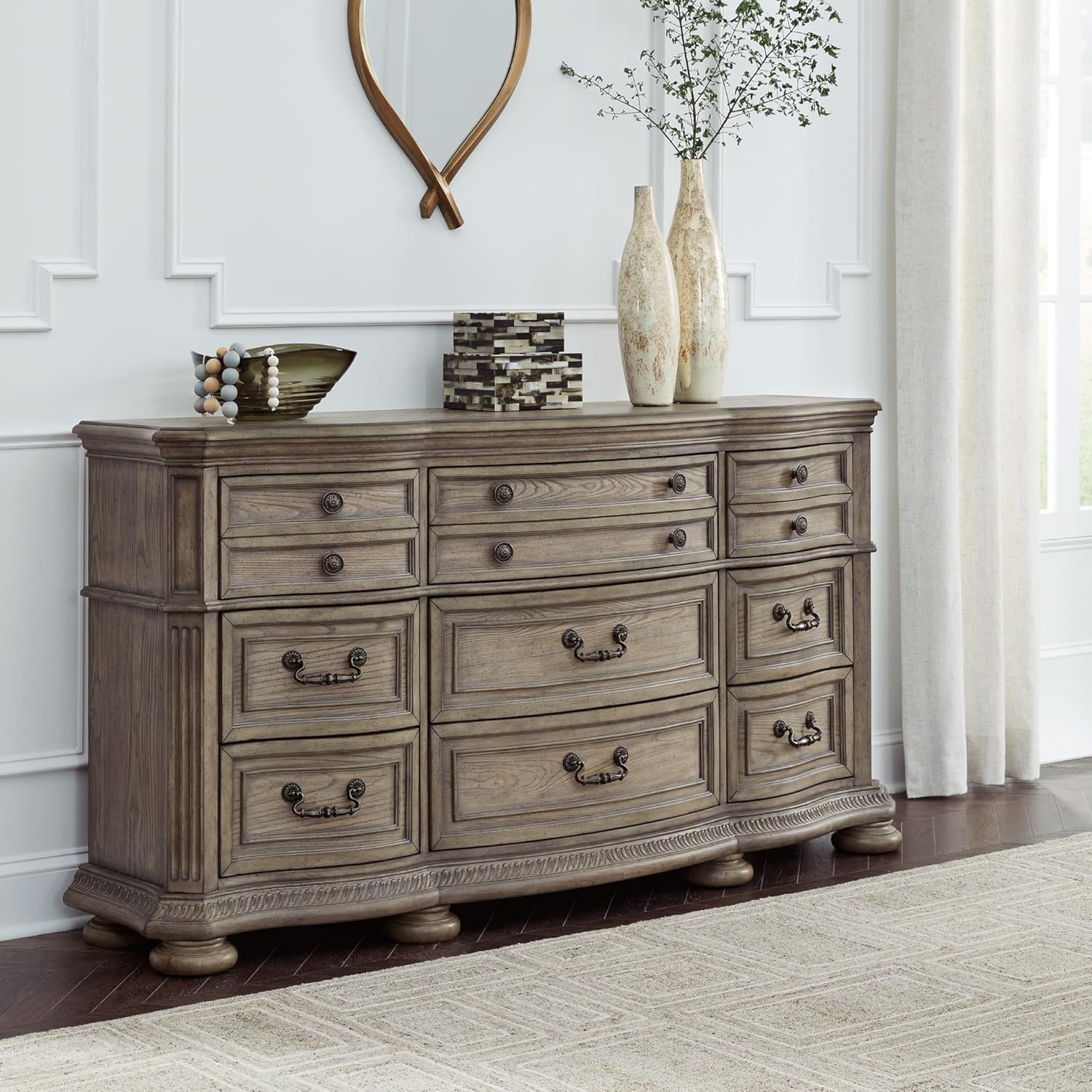 Signature Design by Ashley Ardenfield Traditional 9-Drawer Dresser with Safety Stop and Felt Lining, Light Brown