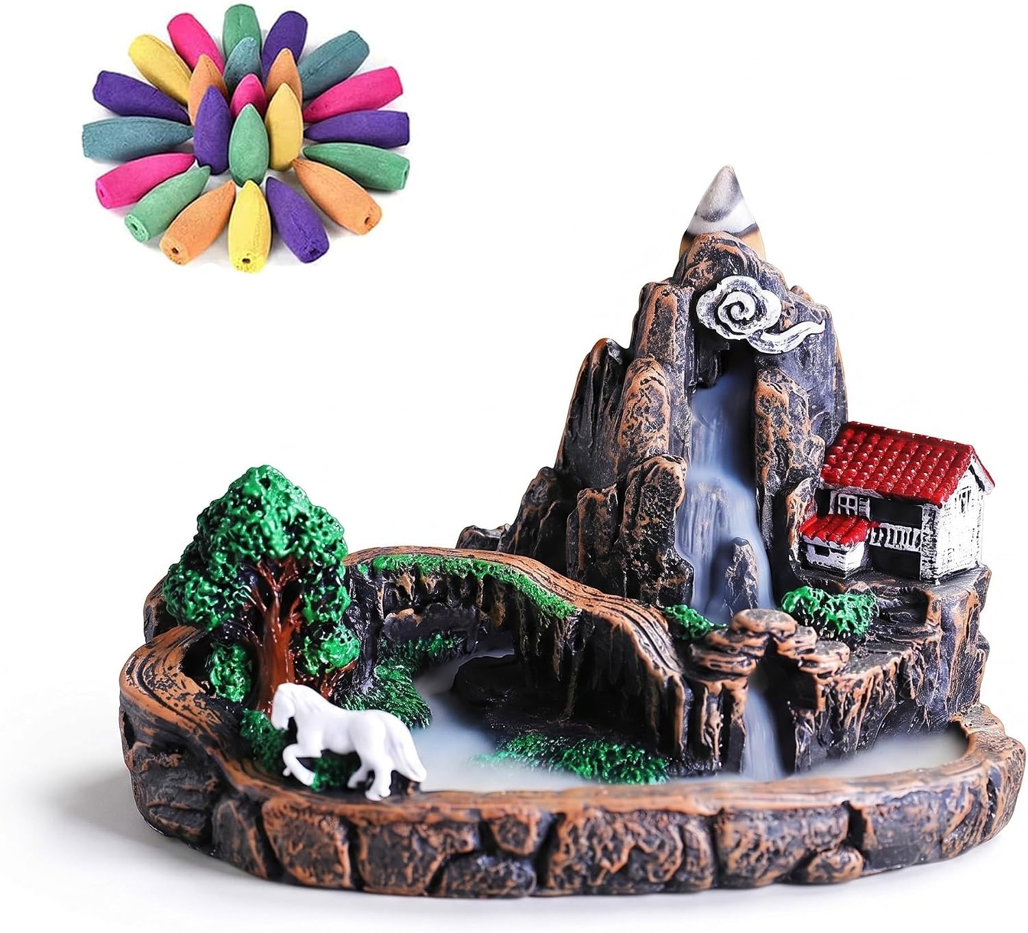 Mountain Waterfall Incense Burner, Resin Backflow Incense Holder with 60 Upgraded Incense Cones, Incense Waterfalls Meditation Decor, Indoor Waterfall Fountain Incense Cone Holder for Home, Office