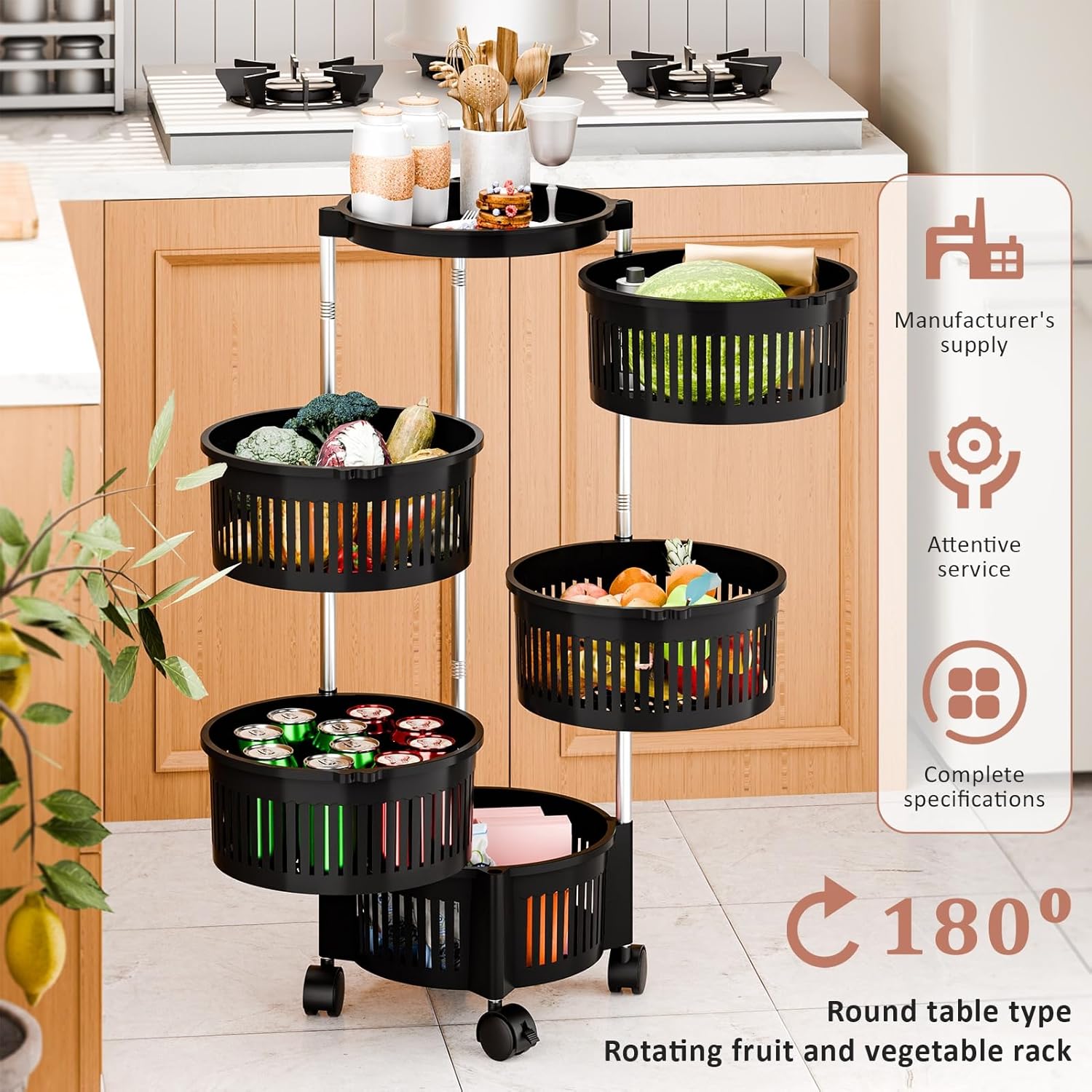 5-Tier Rolling Cart, Rotating Trolley, Kitchen Trolley, Rotating Kitchen Storage Shelves, Kitchen Storage Carts Vegetable Storage Organizer, Fruit Basket Floor Stand Shelf Black 5 Layers