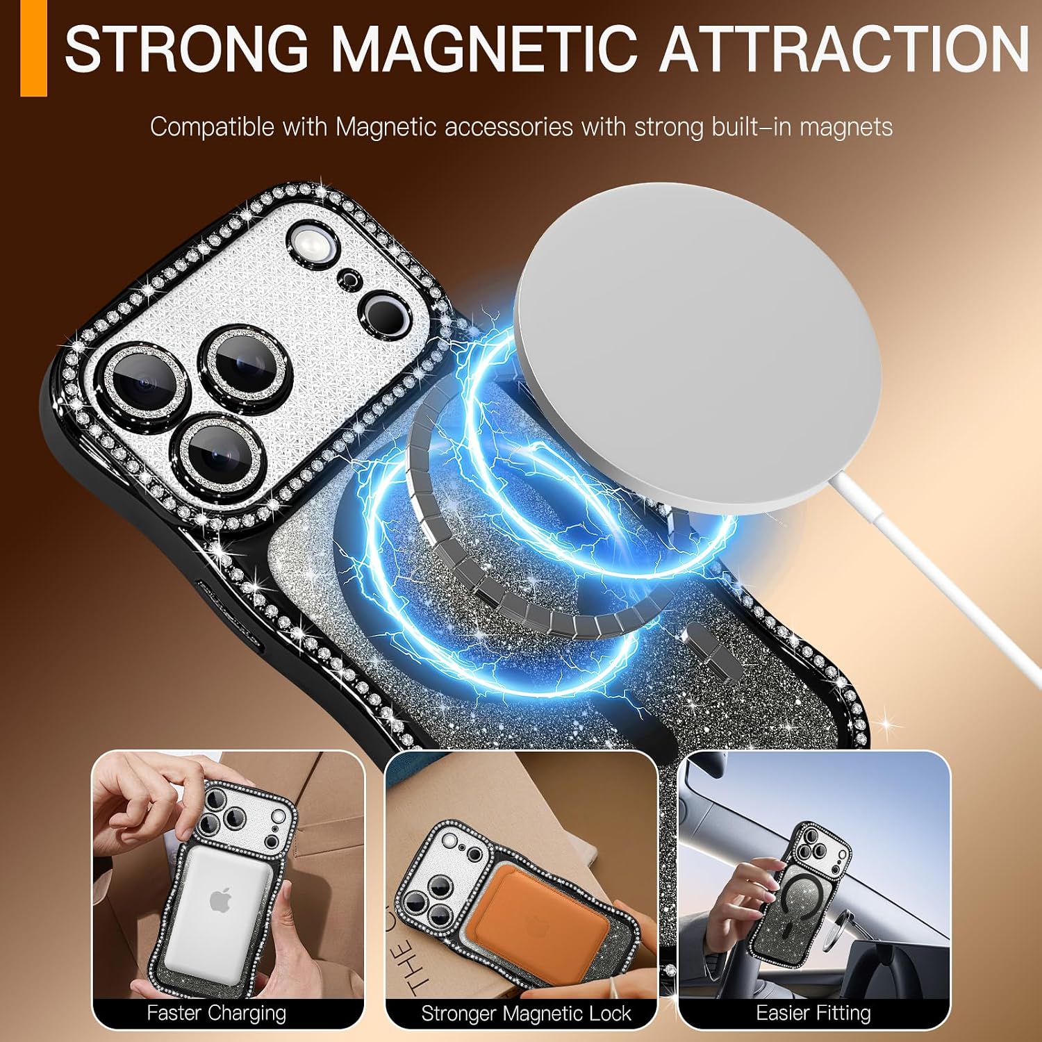 tharlet Magnetic for iPhone 17 Pro Max Case Black Curly Wave Edge Diamond image 3