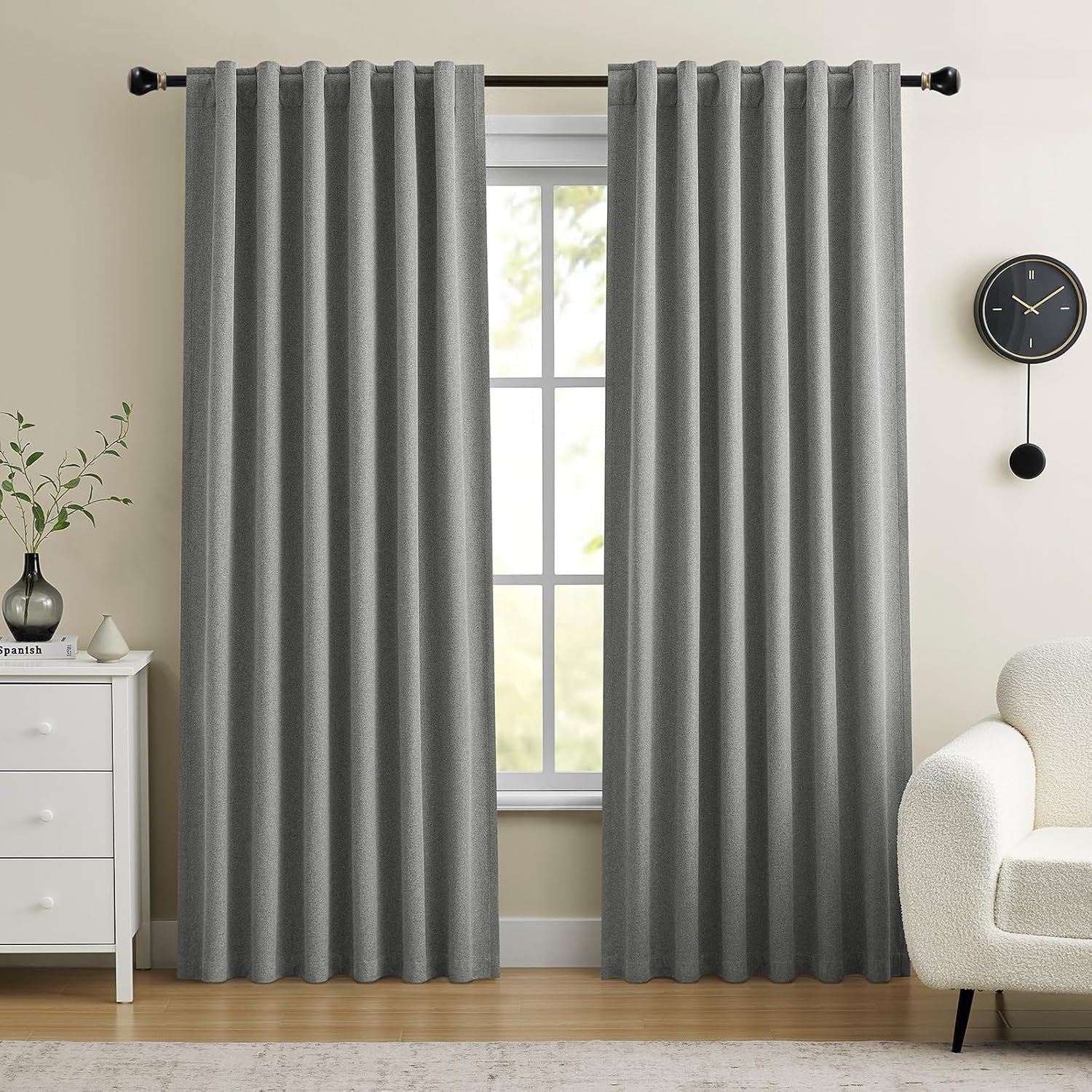 Dreaming Casa 100% Blackout Curtains 84 Inches Long, Linen Textured Window Treatment Rod Pocket & Back Tab Curtain Drapes for Bedroom Living Room, 2 Panels, 52" W x 84" L, Heather Grey
