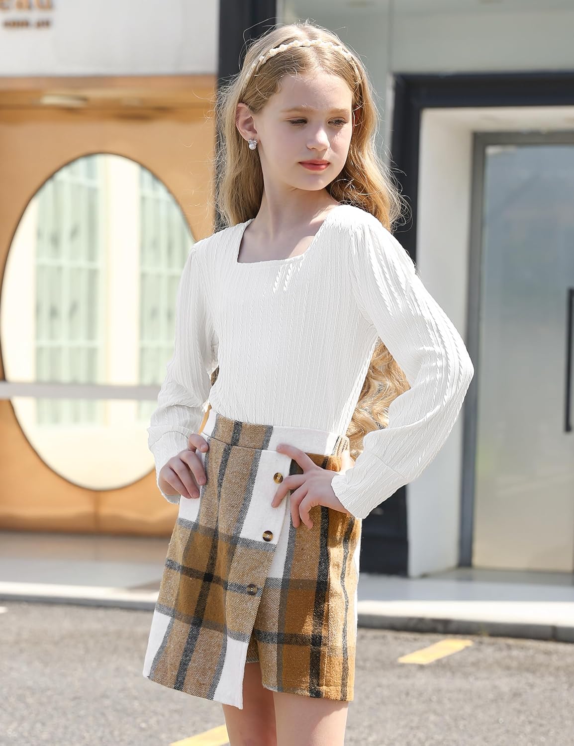 AGAPENG Girl Skirt Sets 3 Piece Outfits Square Neck Jacquard Puff Sleeve Tops Plaid Mini Skirt Shorts Fall Winter Clothes