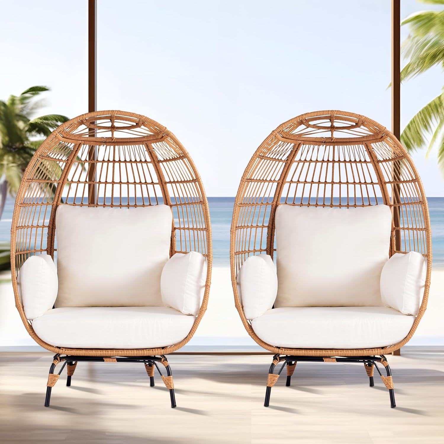 Outdoor Egg Chair Set of 2, PE Wicker Chair with 4 Thicken Cushions, Patio Chairs 440 lbs Capacity, Oversized Balcony Chairs with Durable Steel Frame Perfect for Balcony, Backyard, Bedroom-Ivory