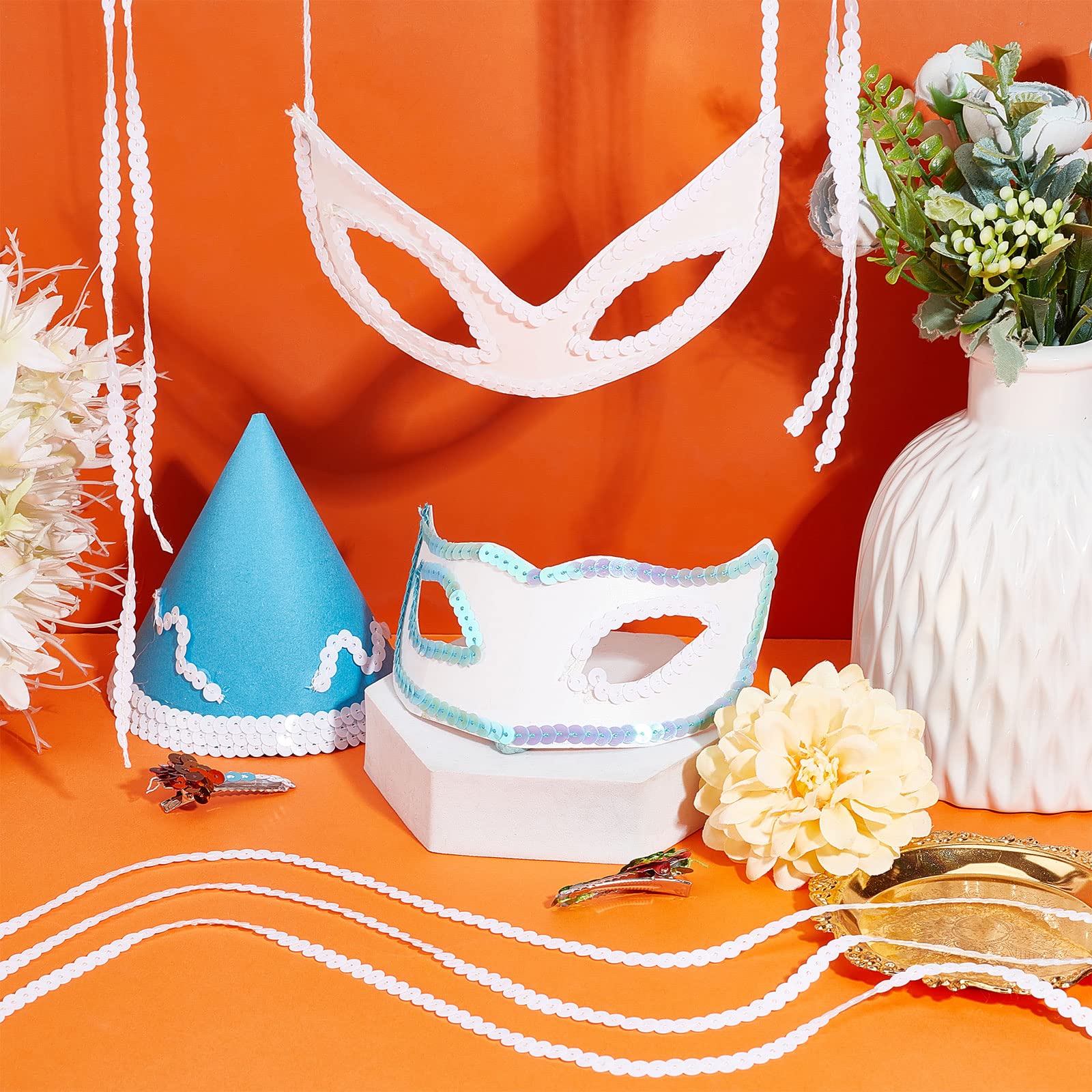 PH PandaHall 100 Yards Spangle Flat Sequins 6mm Flat Sequin Strip Trim White Paillette Spool String Shiny Trim Sewing Paillette String for Wedding Mermaid Dress Embellish Headband Halloween Costume