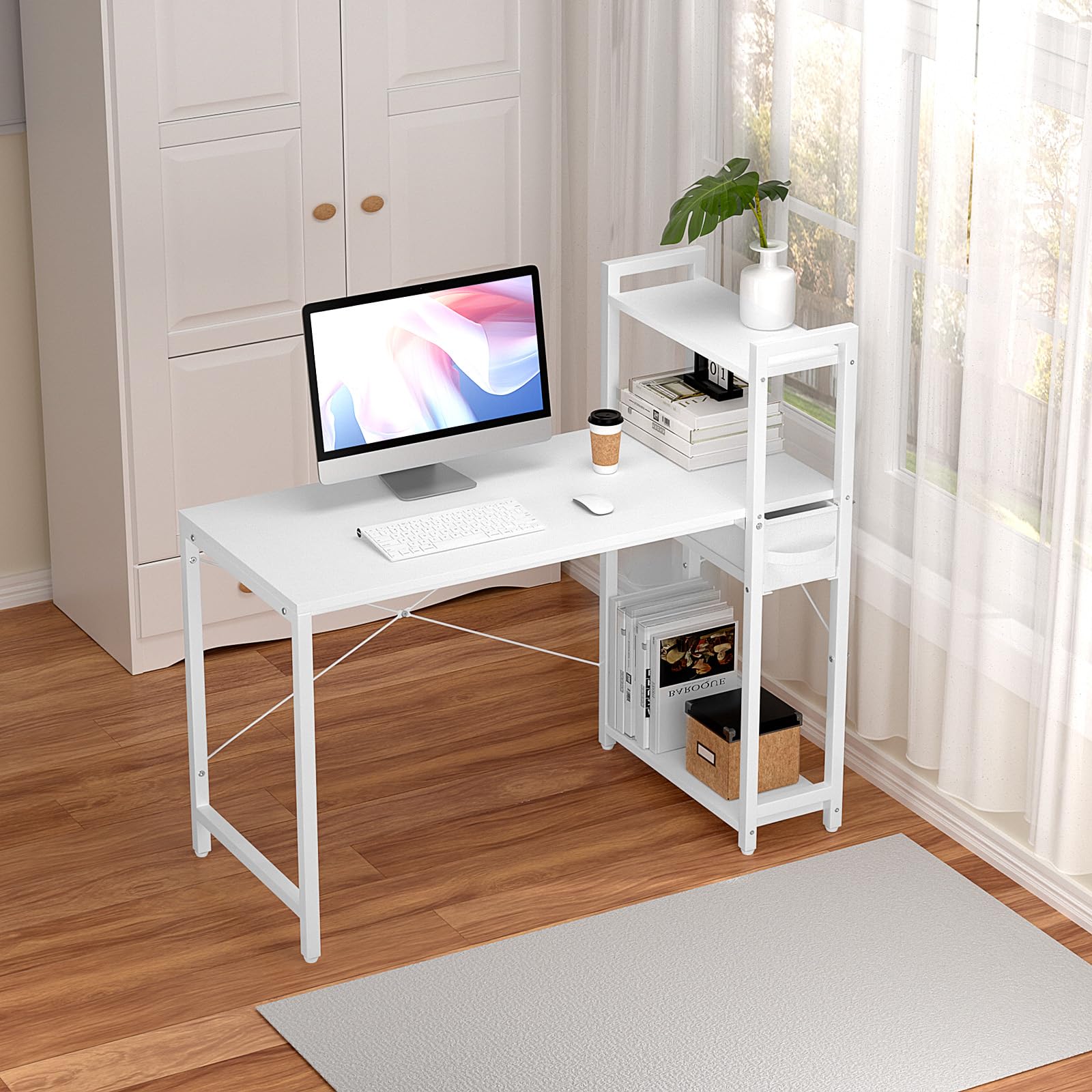 Mesa Escritorio con Estante y Cajón, 120x50 cm Escritorio con Cajones, Altura Ergonómica 75 cm, Estante 3 Niveles, Ordenador Ahorro Espacio para Home Office, Estudio, Blanco