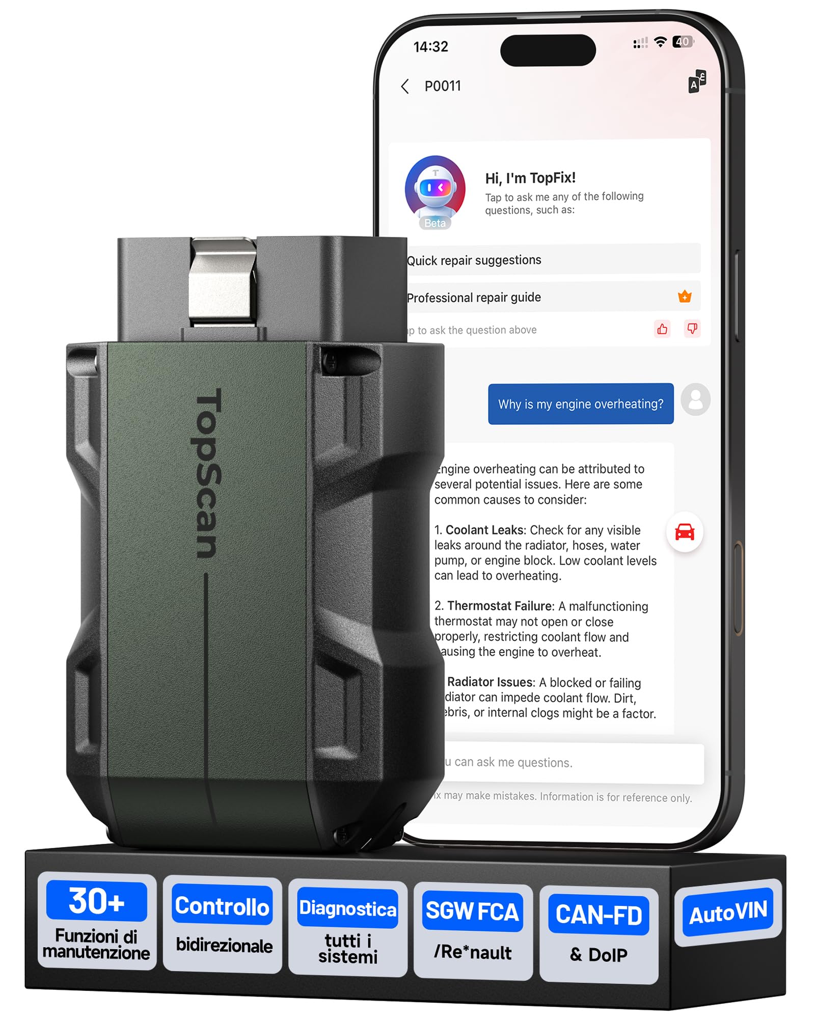 TOPDON TopScan Master OBD2 Diagnosi Auto Bluetooth, Scanner Auto bidirezionale/Test Attivo per iOS & Android, 120+ marche, 30+ funzioni di reset, CAN FD&DoIP, FCA/Nissan/Renault SGW, Supporto AI