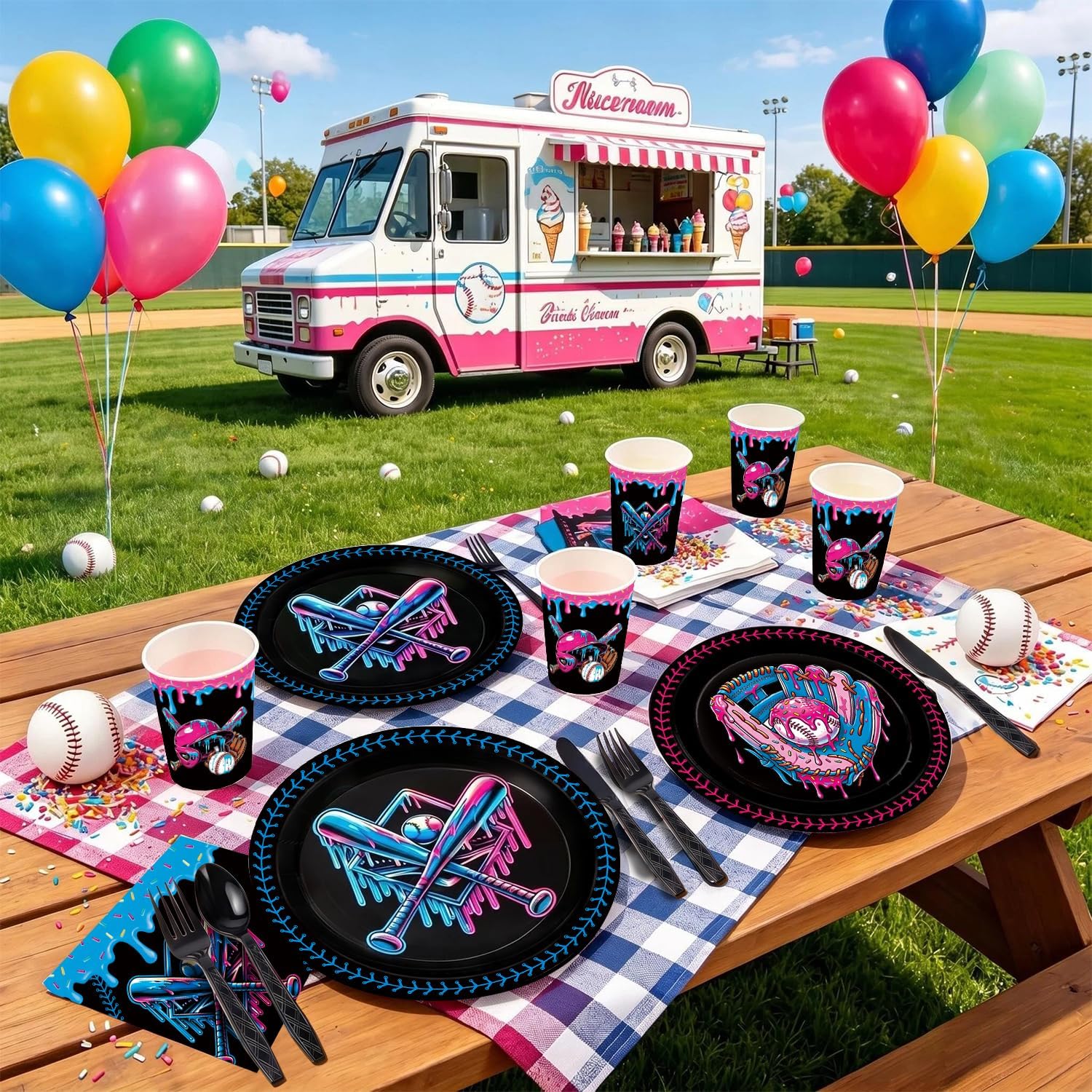 168 Pcs Ice Cream Drip Baseball Themed Plates and Napkins Party Supplies | Paper Cup Disposable Knife Fork spoon Tableware Dinnerware Black Baseball Sports Birthday Decorations for Serve 24 Guests