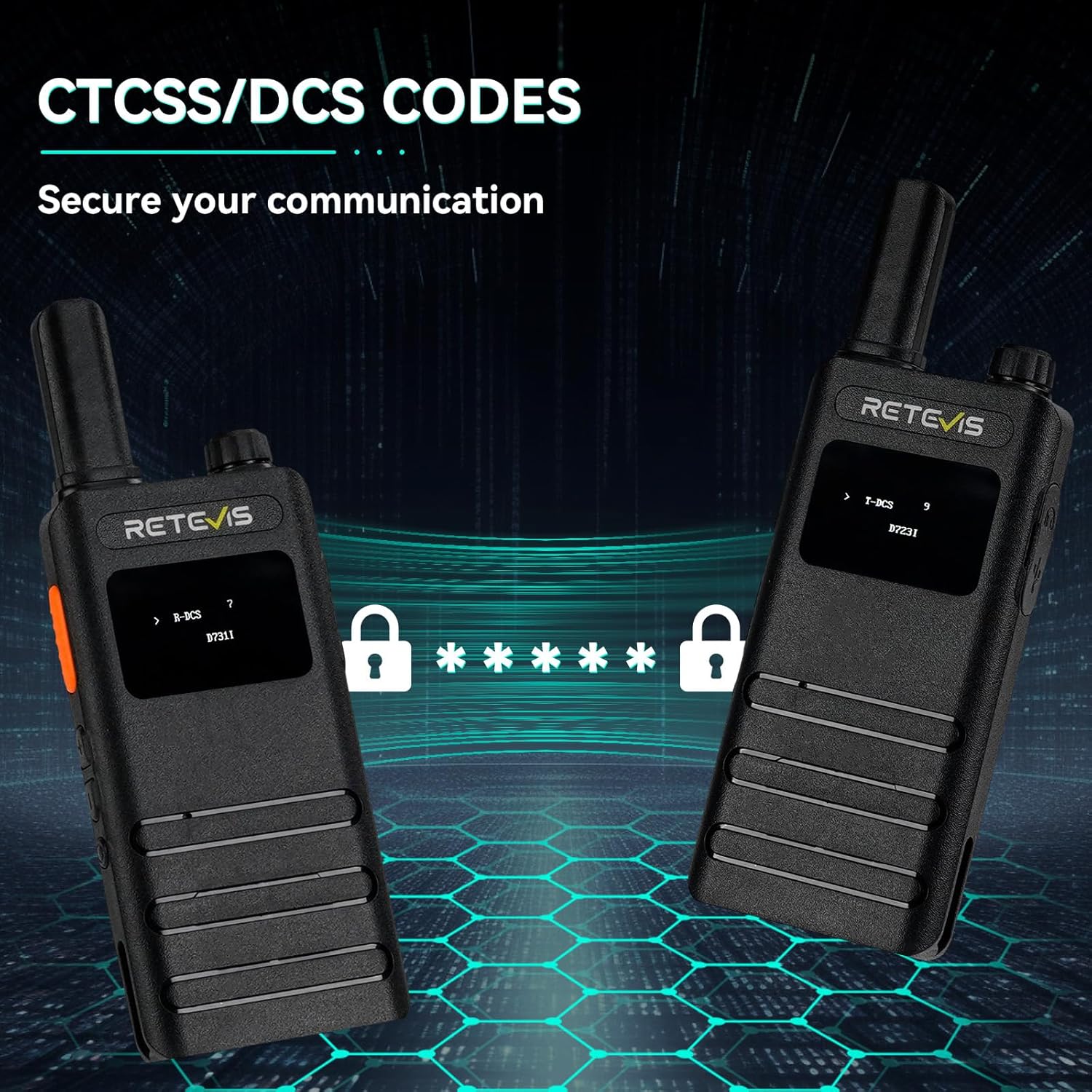 Two Retevis B3S walkie-talkies displaying R-DCS and T-DCS codes on their screens, with padlock icons, indicating secure communication.