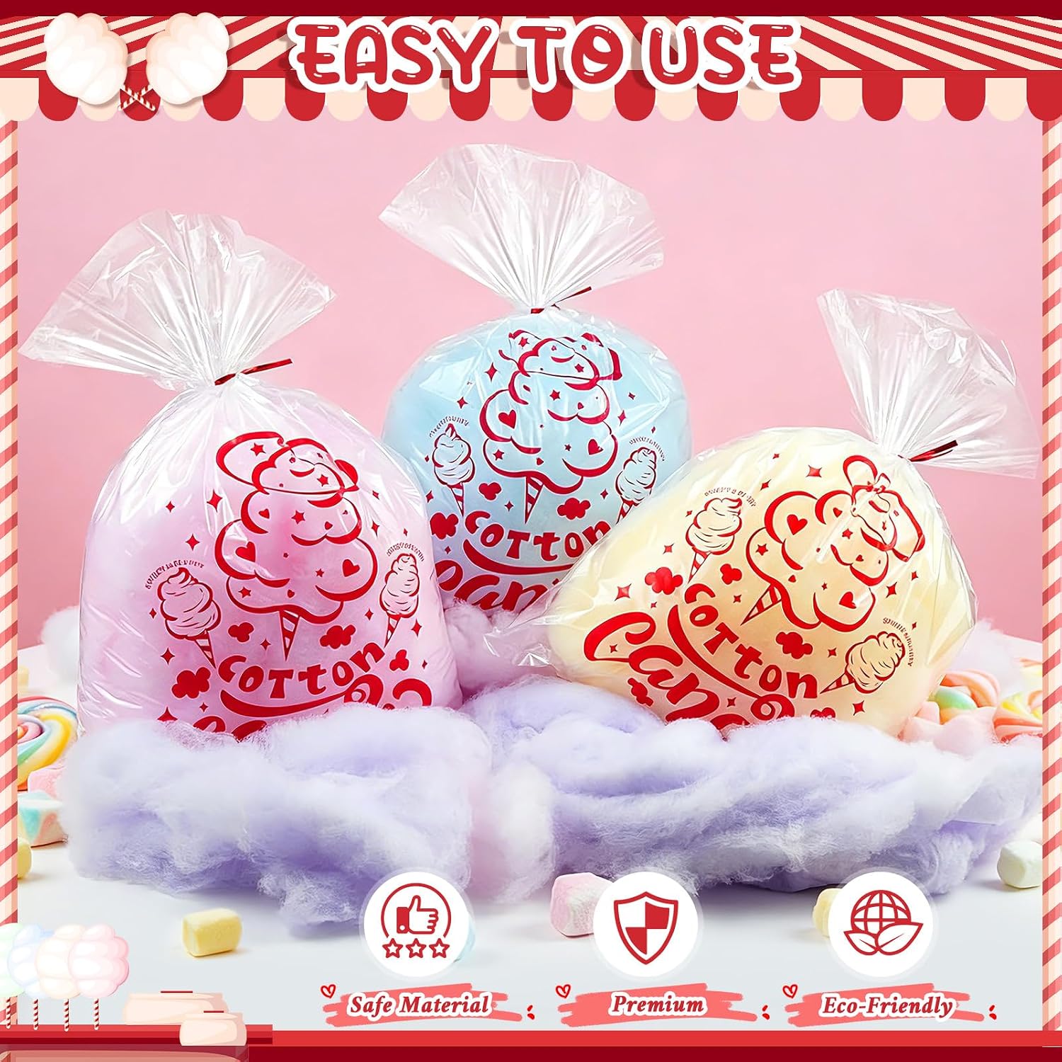 SUMMORO 240 Pcs Clear Cotton Candy Bags with Ties, 11.8 x 17.7 Inch Large Size Cotton Candy Bags Bulk, Perfect for Carnivals, Birthday Parties, Festivals and Commercial Use