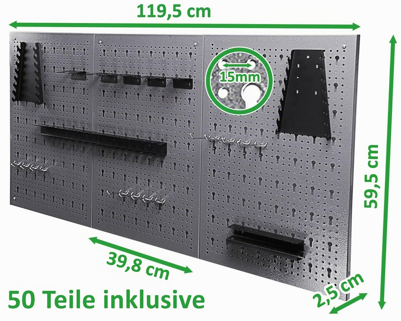 Ondis24 Werkstatt-Wandschrank Joku Werkzeugschrank Schwarz mit 2 Fachböden Lochwand Grau inkl. 50 teiliges Hakensortiment 120 cm