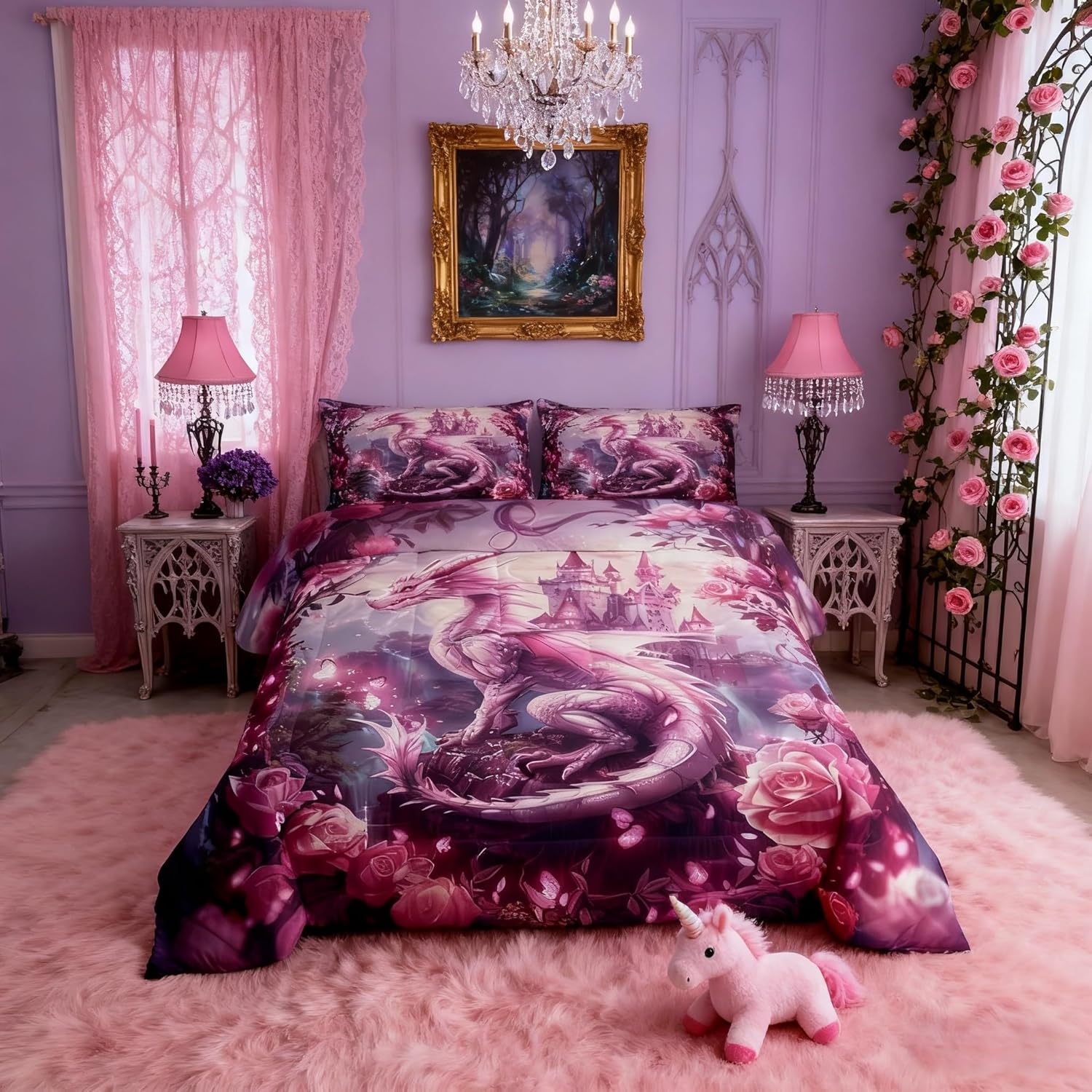 Dragon Kids Comforter Set Queen Size,Tale Castle Dragon Theme Bedding Set,Girls Boys Room Decor,Roses Flowers Butterfly Romantic Down Comforter,Pink Dreamy Duvet Insert,2 Pillowcases