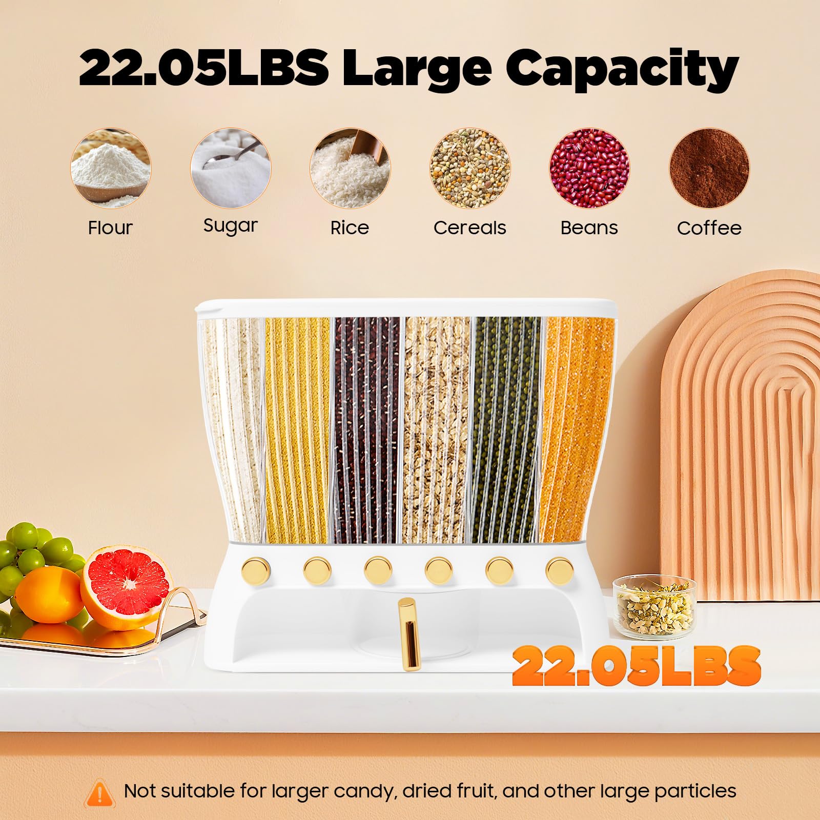 WsrrLun 6 Grid Dry Food Dispenser, 22lb Capacity Grain Storage Dispenser w/Removable Dividers, One-Touch Countertop Clear Container for Rice Coffee,16.54x14.17in