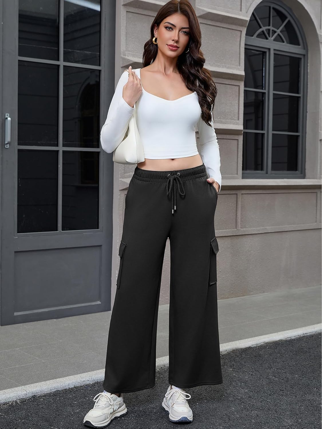 Women's Casual Relaxed Cargo Pants Warm Double Knit Drawstring Elastic Waist Trousers - Image 4