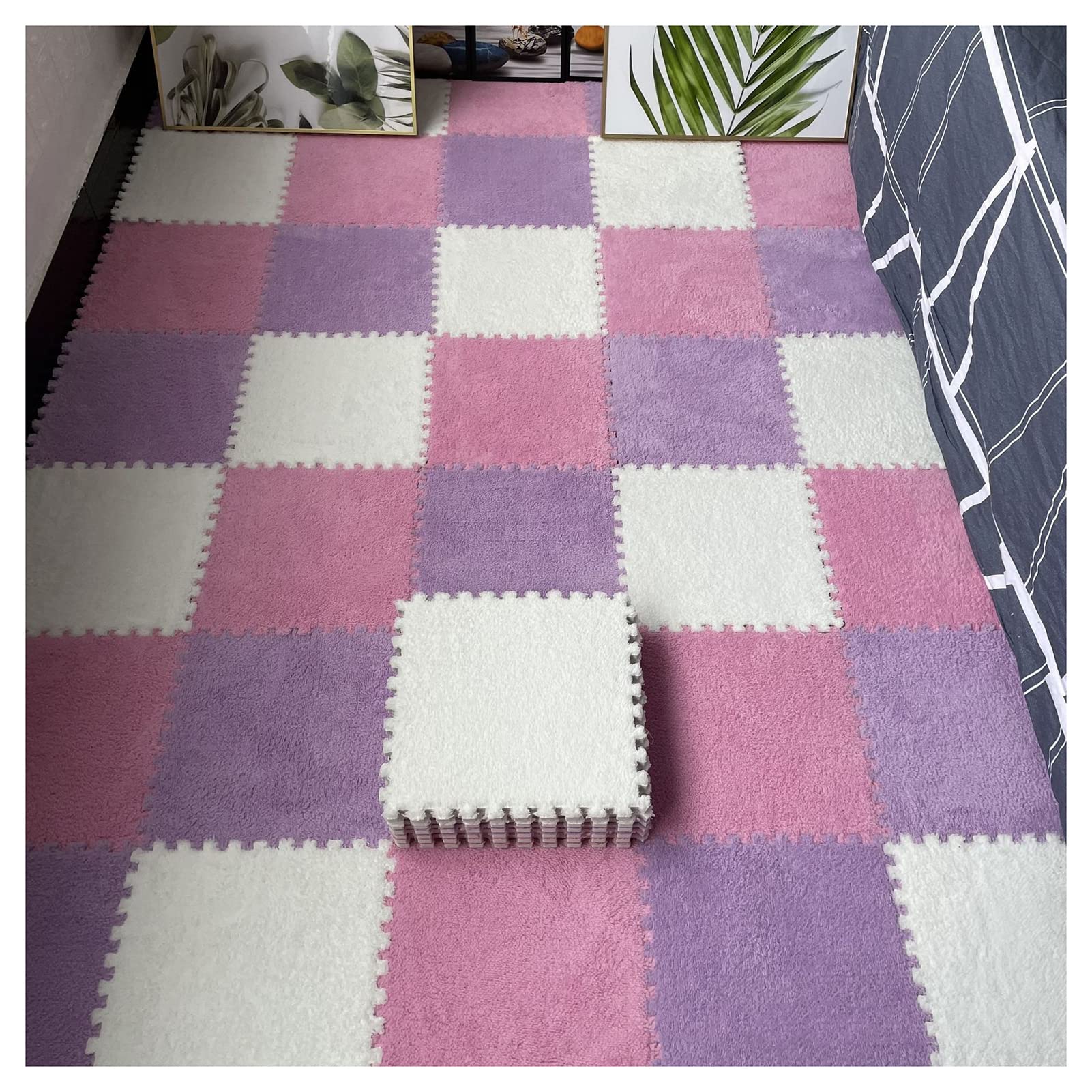 9/12/15/16 Stück Ineinandergreifende Schaumstoff-Teppichfliesen, Weiche, Flauschige Plüsch-Teppichmatte, Kriechende Spielmatte, Puzzlematte, Für Schlafzimmer, 30 X 30 cm,Pink+Purple+White,16 PCS