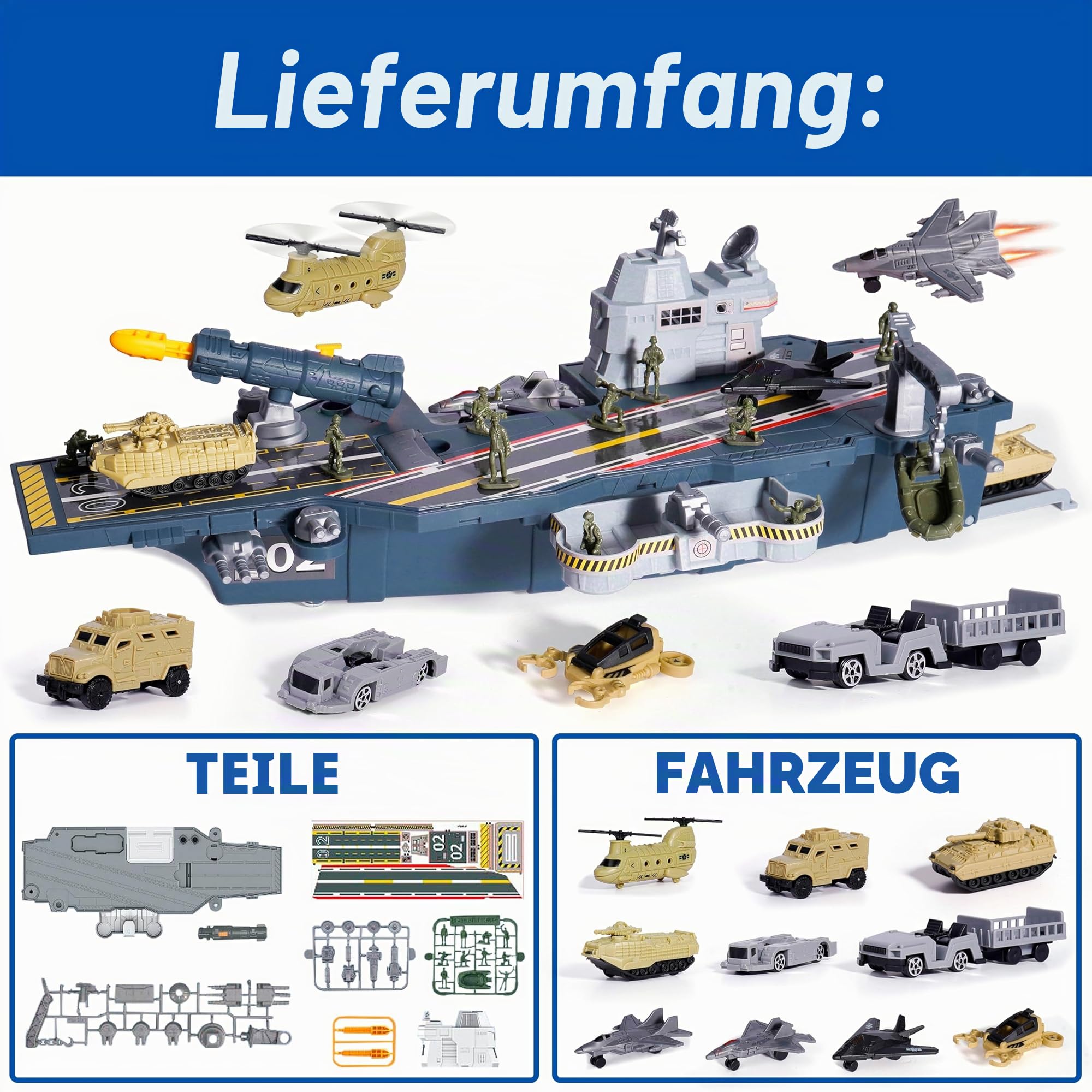 XDUOYJOY Militär Flugzeug Spielzeug, Militär Figuren mit Panzer Flugzeugträger Schlachtschiff, U-Boot, Kampfjet, LKW Fahrzeug Spielzeug Set mit Soldaten Männern