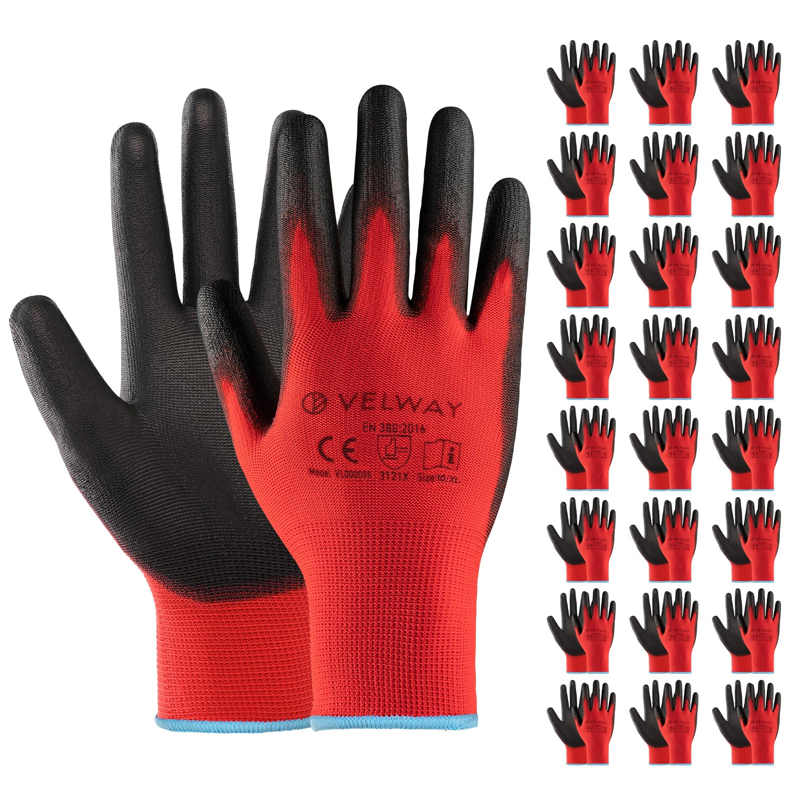 Velway 24 Pairs Safety Work Gloves PU Coated Secure Grip, Red, Size 10/XL