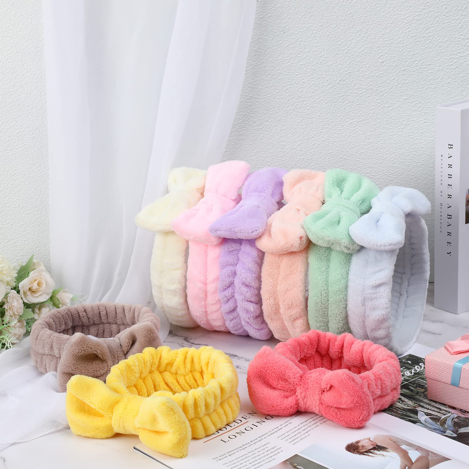 5046 40 Pack Bow Spa Headband Coral Fleece Makeup Soft Face Wash Headband Amazon.com : Yinder 40 Pack Bow Spa Headband Coral Fleece  main image 2