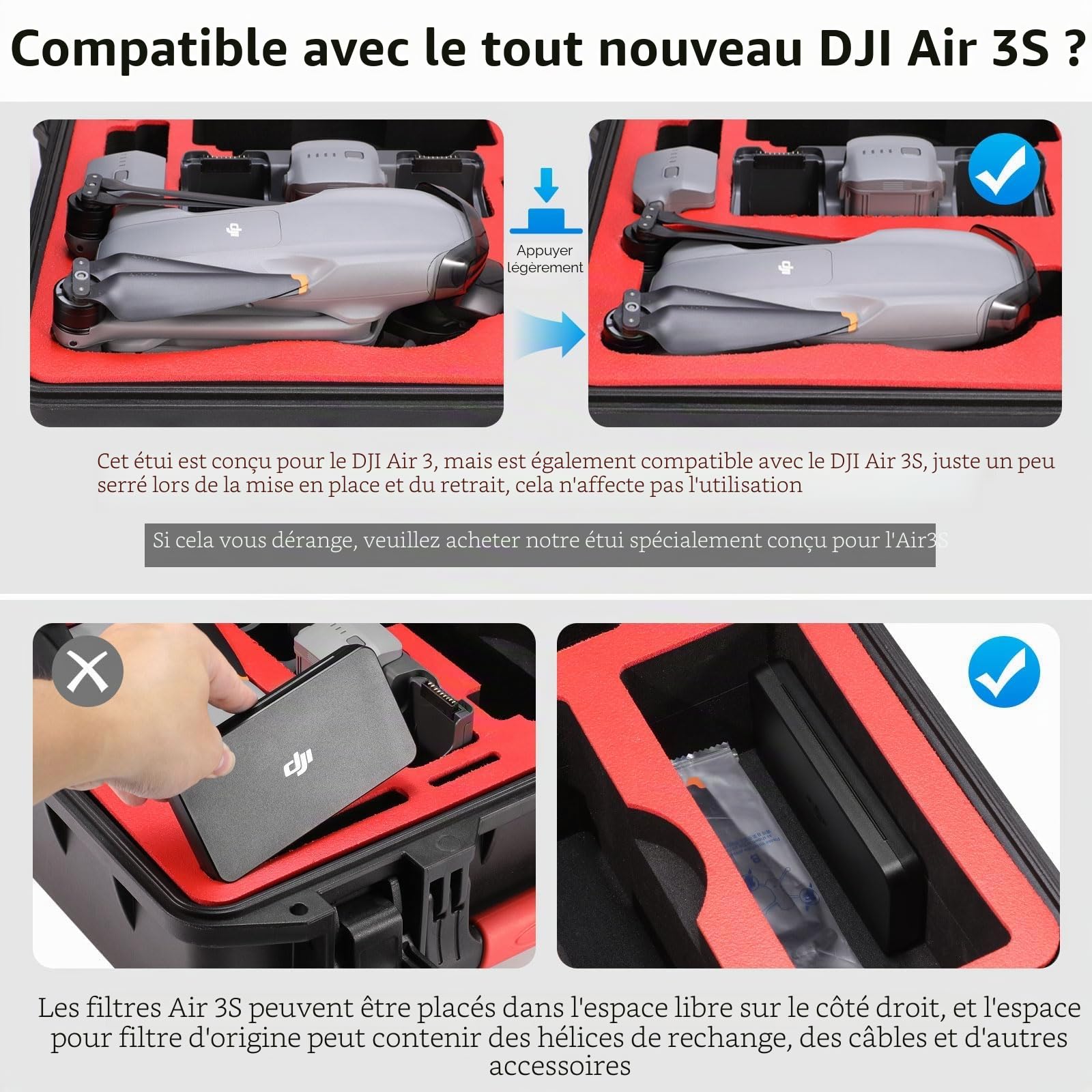 FPVtosky Valise Rigide pour DJI Air 3 Drone/ Fly More Combo Accessories, étui de Transport Rigide étanche pour DJI Air 3, Compatible avec DJI RC 2/RC-N2/RC Pro, jusqu'à 8 Batteries